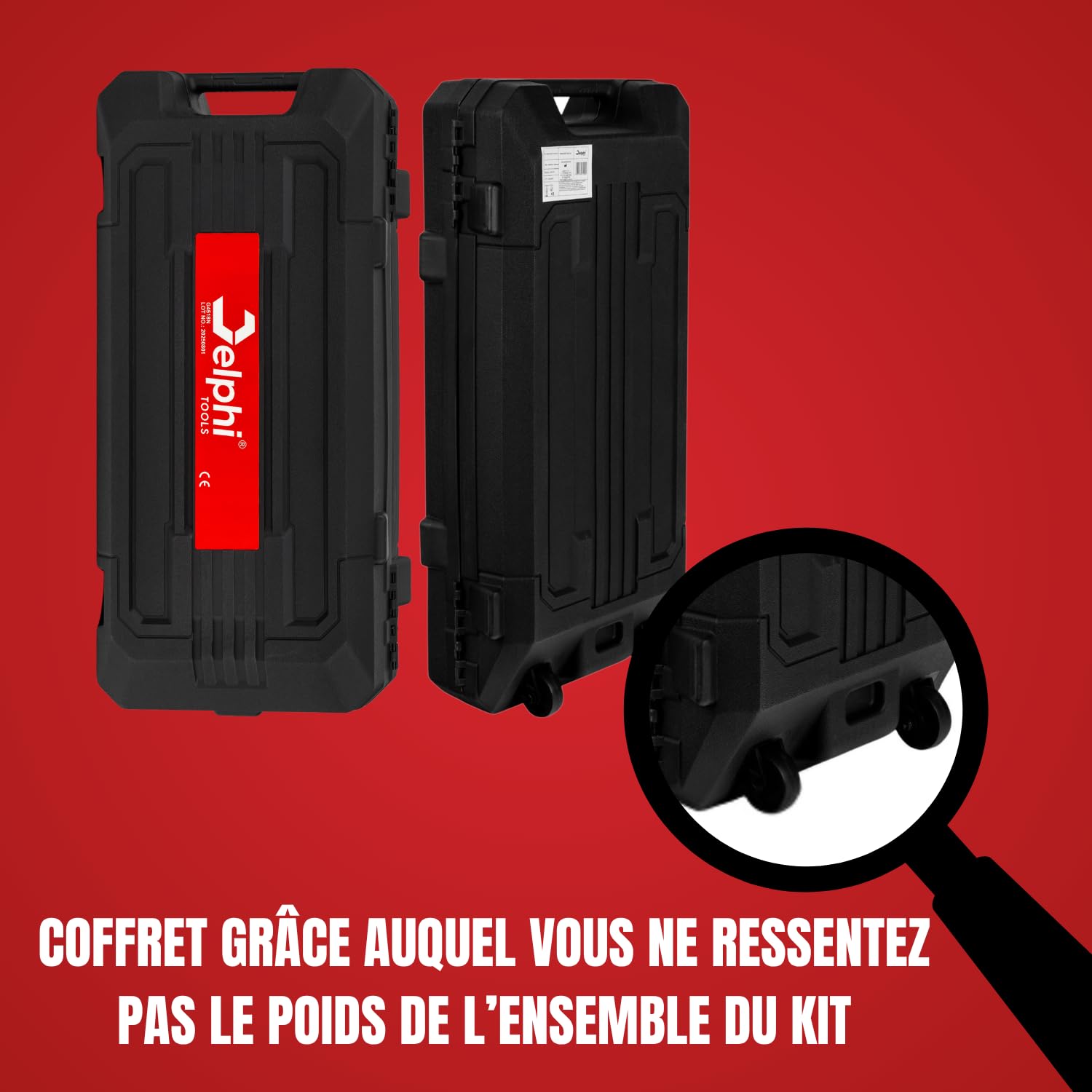 Delphi Marteau Piqueur Électrique 70 J, 1950 RPM, 1600 W (Système Antivibration, HEX30, Coffret à Roulettes + Kit d’Accessoires) - Marteau de Démolition avec 2 Burins et Poignée Réglable
