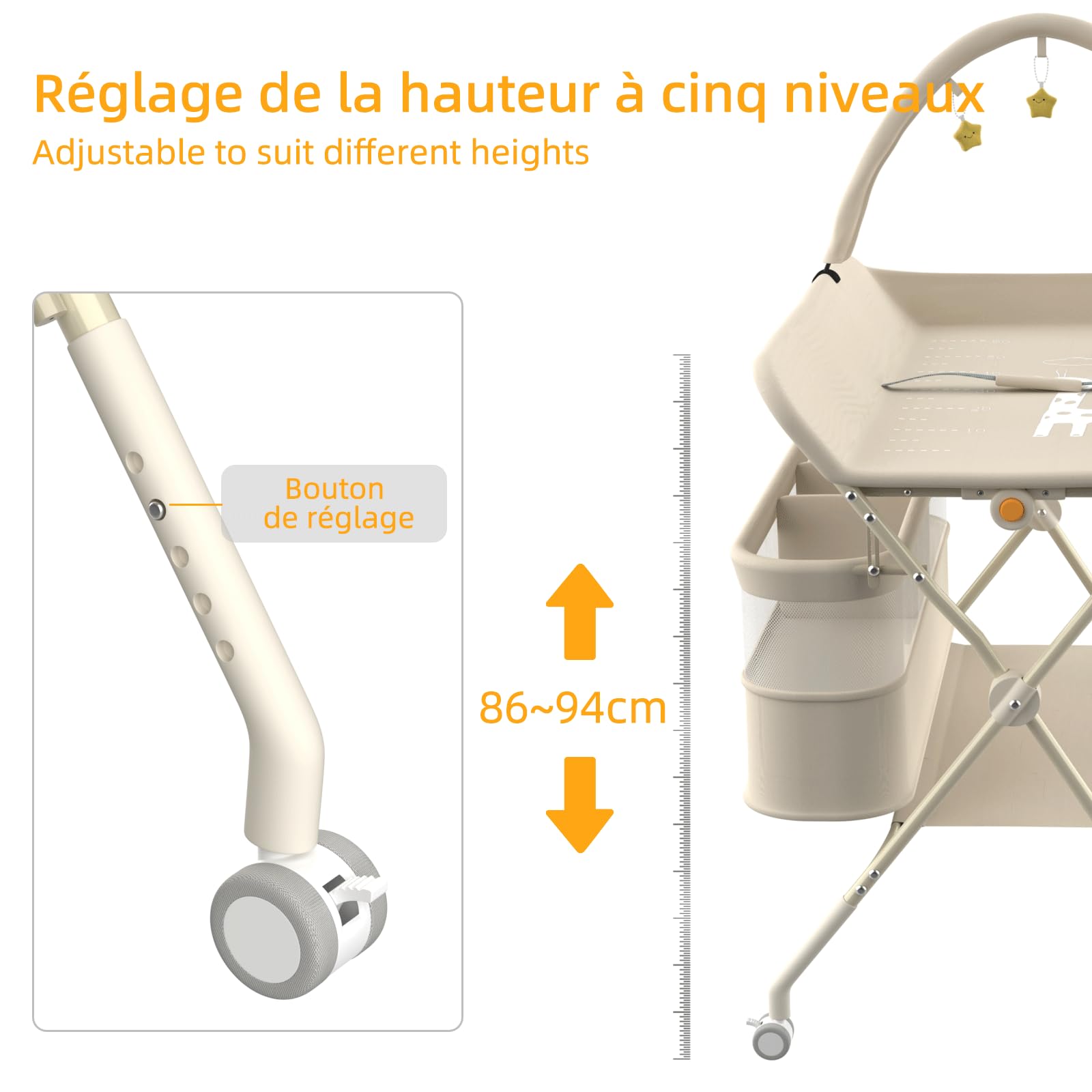 OHMG Table à Langer Pliable, Plan à Langer avec Panier Latéral et roulettes et 3 Jouets,Organiseur de Couches 5 Réglable en Hauteur, Rangement Multifonction pour Chambres d'enfant，75x68x83-91cm