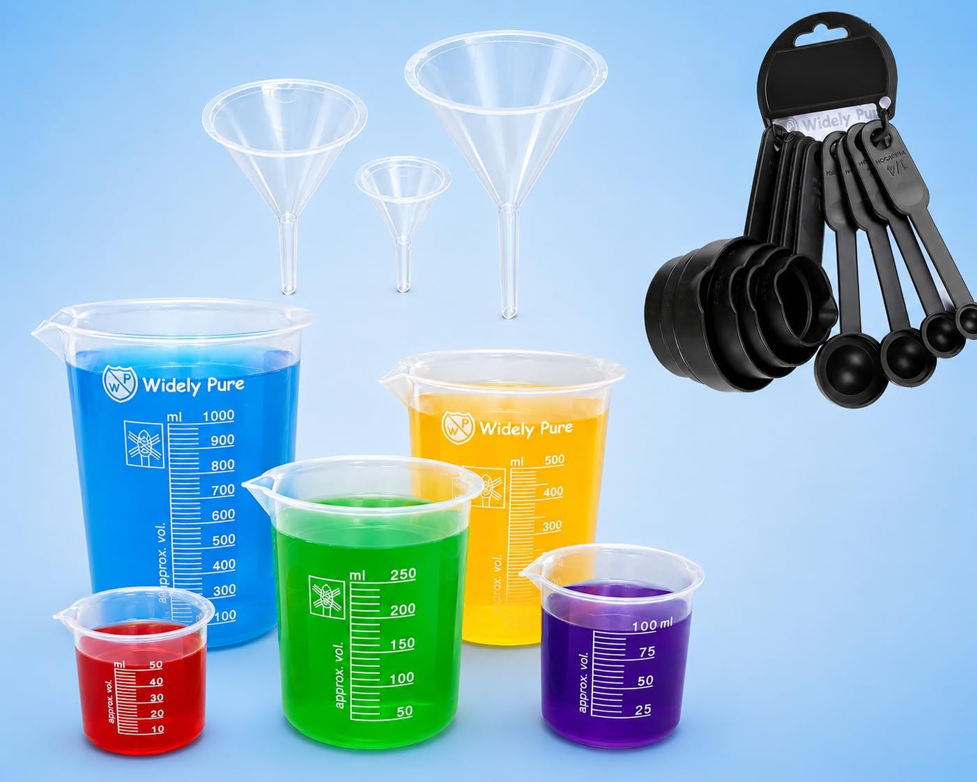 Widely Pure Measuring beakers Set Plastic 50,100,250,500,1000ml with Measuring Spoon Set 8 pcs with Transparent Funnel 2,3,4 inches Combo Pack