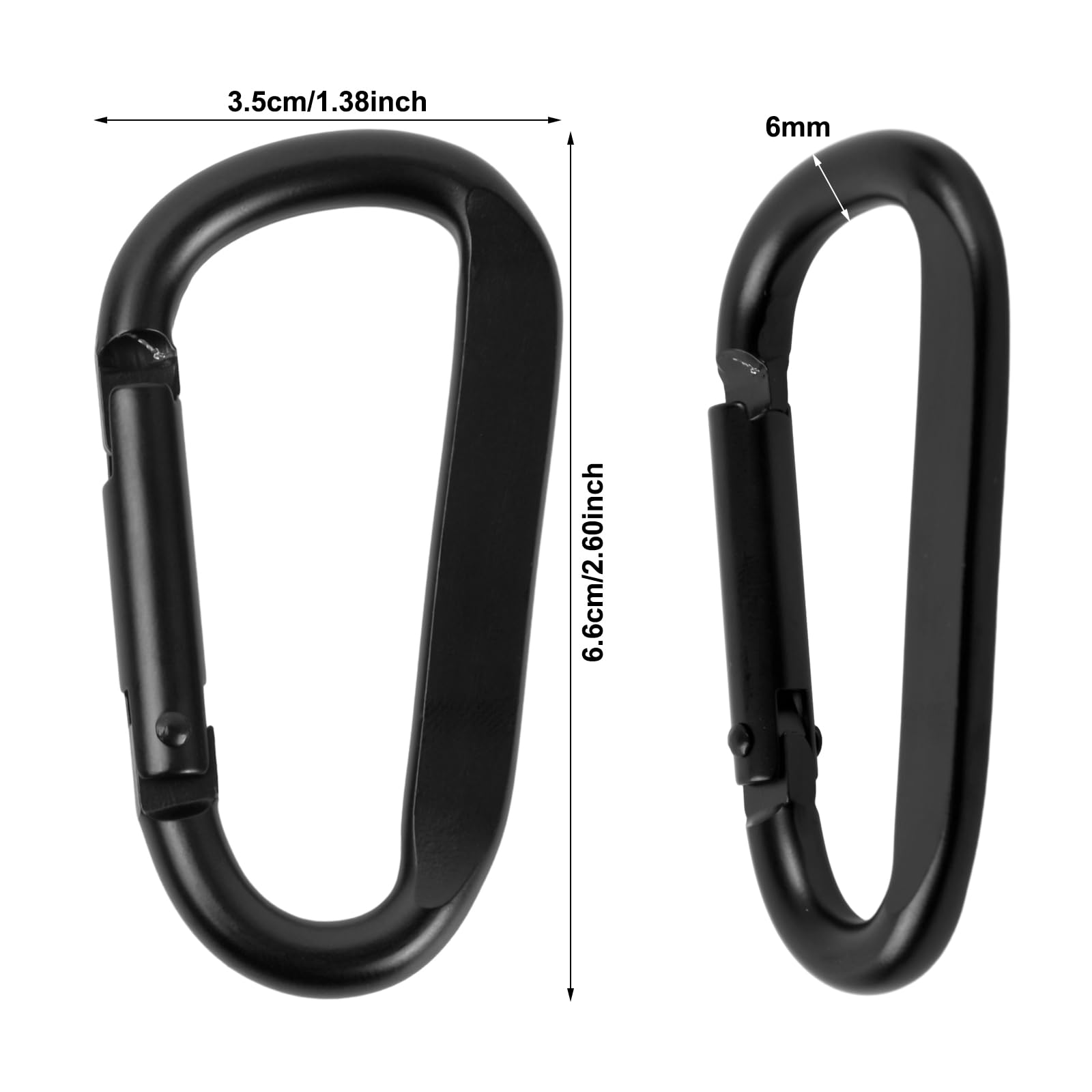 Lot de 6 mousquetons à vis (68 mm), mousquetons en aluminium noir pour hamac, porte-clés, camping, pêche, balançoire et accessoires de randonnée