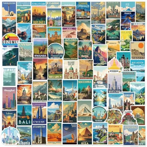 100 Pcs World Travel Stickers Set Cityscape Aesthetic Travel Map Sticker Vinyl Waterproof Stickrs for Water Bottles Suitcase Laptops Journaling Travel