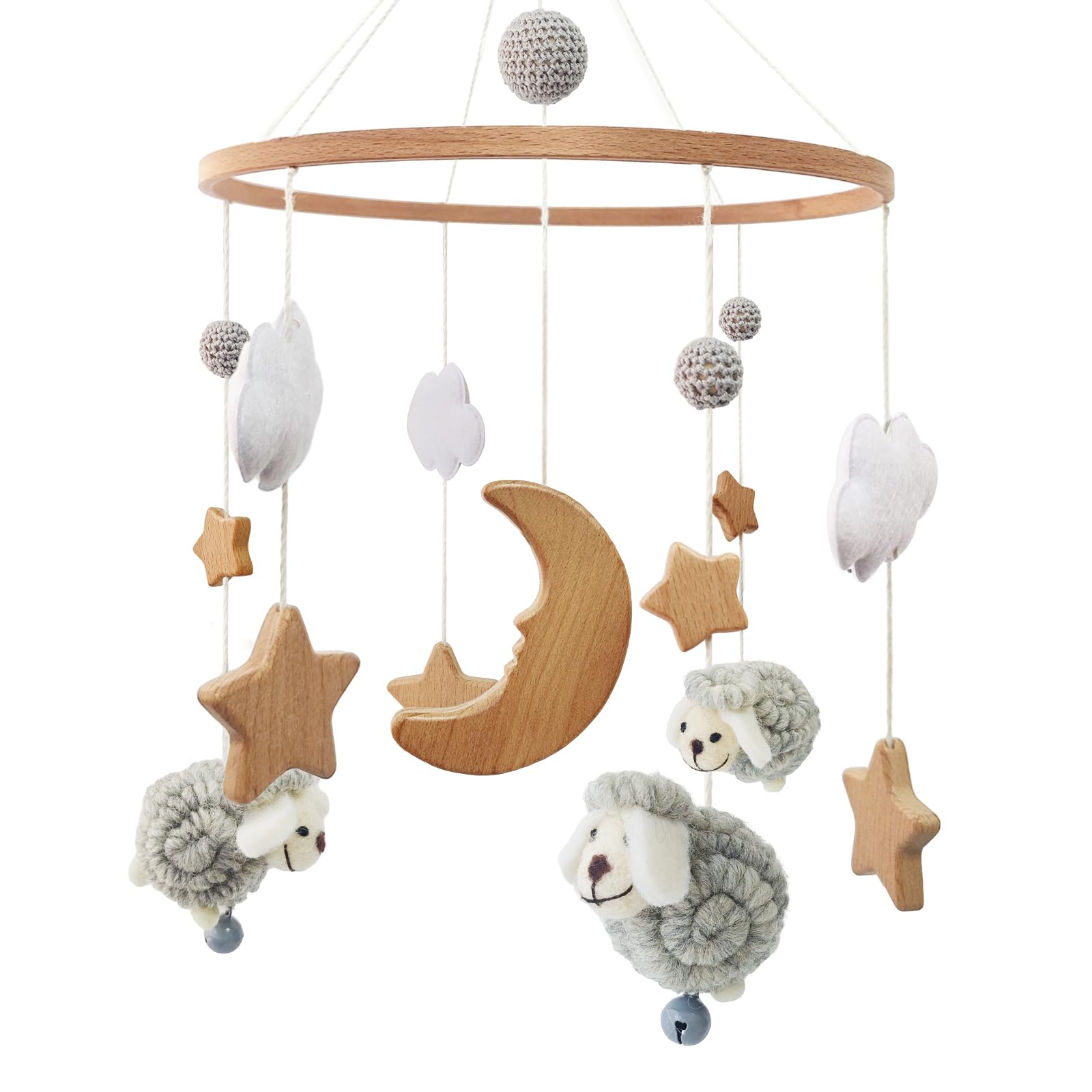 Mobile Baby Holz Schaf Mobile Babybett Windspiel, Wolken Mond Stern Baby Mobile für bett, Baby Spielzeug Geschenk für mädchen oder Jungen (Grau)
