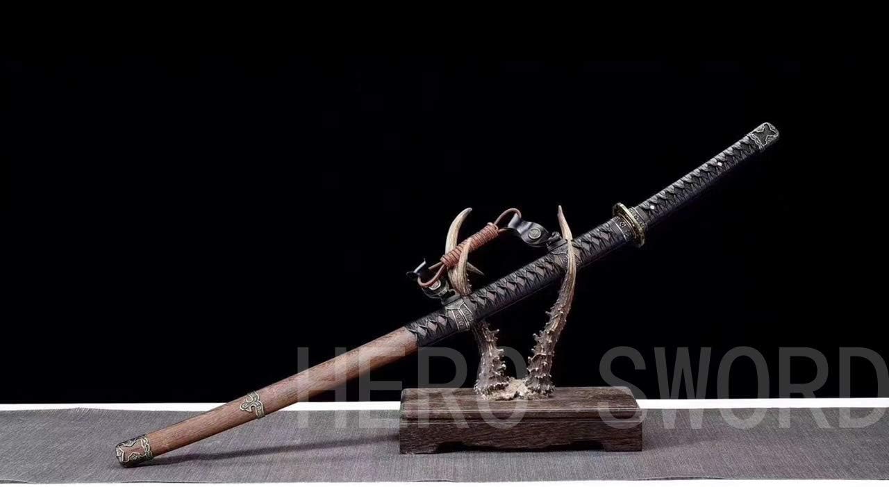 Authentic Japanese Tachi, Clay Tempered Folded Steel Japanese Samurai Sword Razor Sharp Real Weapon Black Brown Style Combat Ready