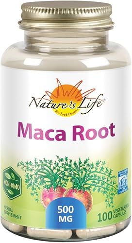 Nature's Life Raíz de maca de 500 mg  Energía saludable, vitalidad y resistencia  Sin OMG, vegano  Sin rellenos  100 cápsulas vegetales
