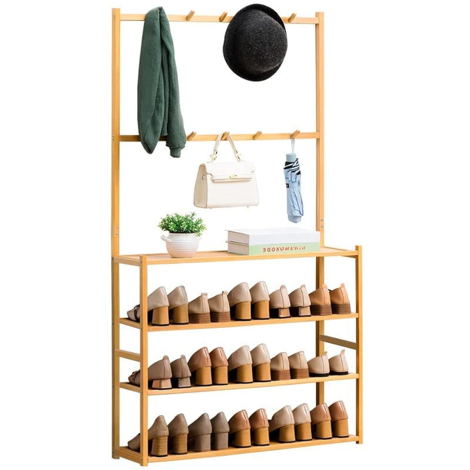 Skade Bamboo Shoe Rack Bench Coat Rack 3 in 1 Hall Tree Coat Rack 2-Tier Shoe Rack Locker, Soft Bench for Entrance Hallwaysbathroomliving Room (Color : Brown, Size : 39in/100cm)