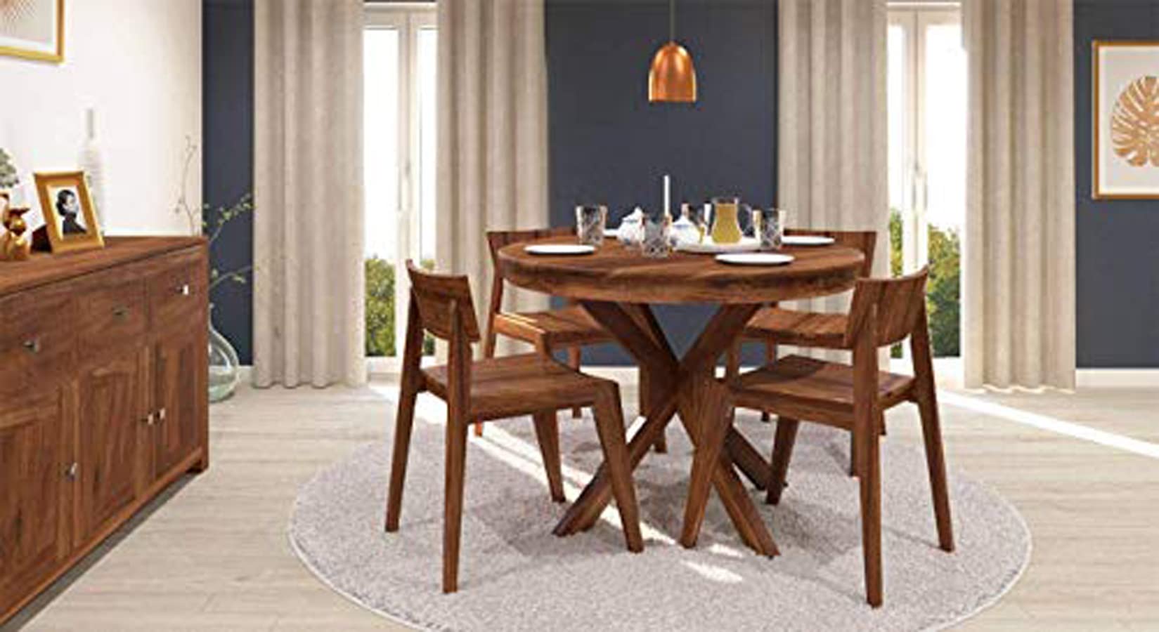 Craftswood Solid Wooden Round Dining Table 4 Seater with Chairs | Wood Round Dining Table with 4 Chairs Set | 4 Seater Dining Table Set | Dining Room Furniture | Teak Finish