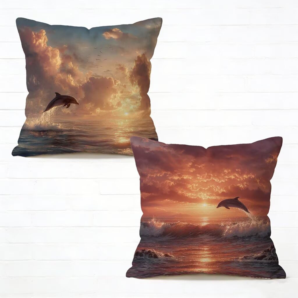 Taie d'oreiller 80x80 cm lot de 2 en lin imprimé dauphin et coucher de soleil pour jardin et canapé