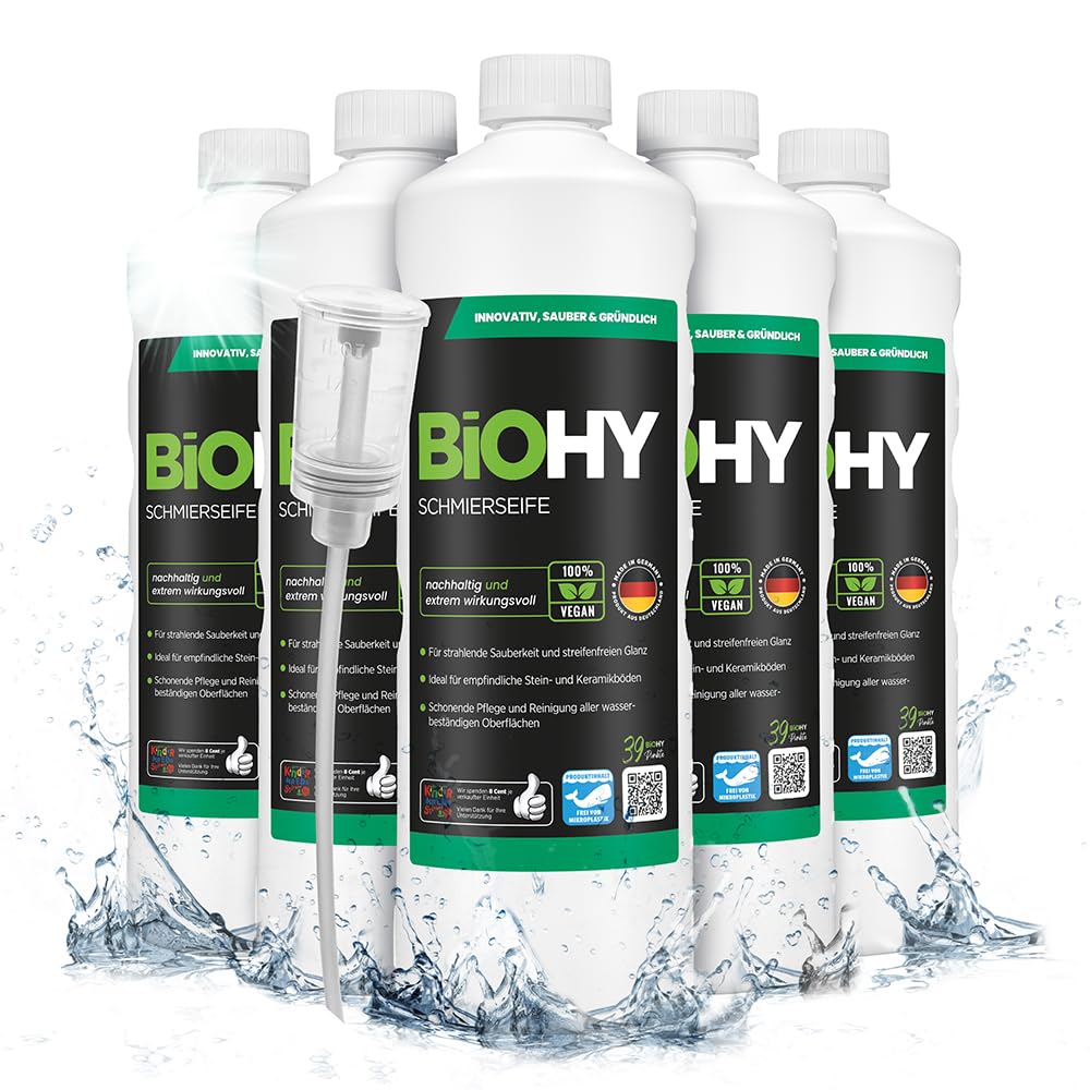 BiOHY Jabón lubricante (6 botellas de 1 litro) + Dosificador | concentrado para suelos | Aplicable a todas las superficies delicadas | Caucho, linóleo, parqué, PVC, piedra (Schmierseife)