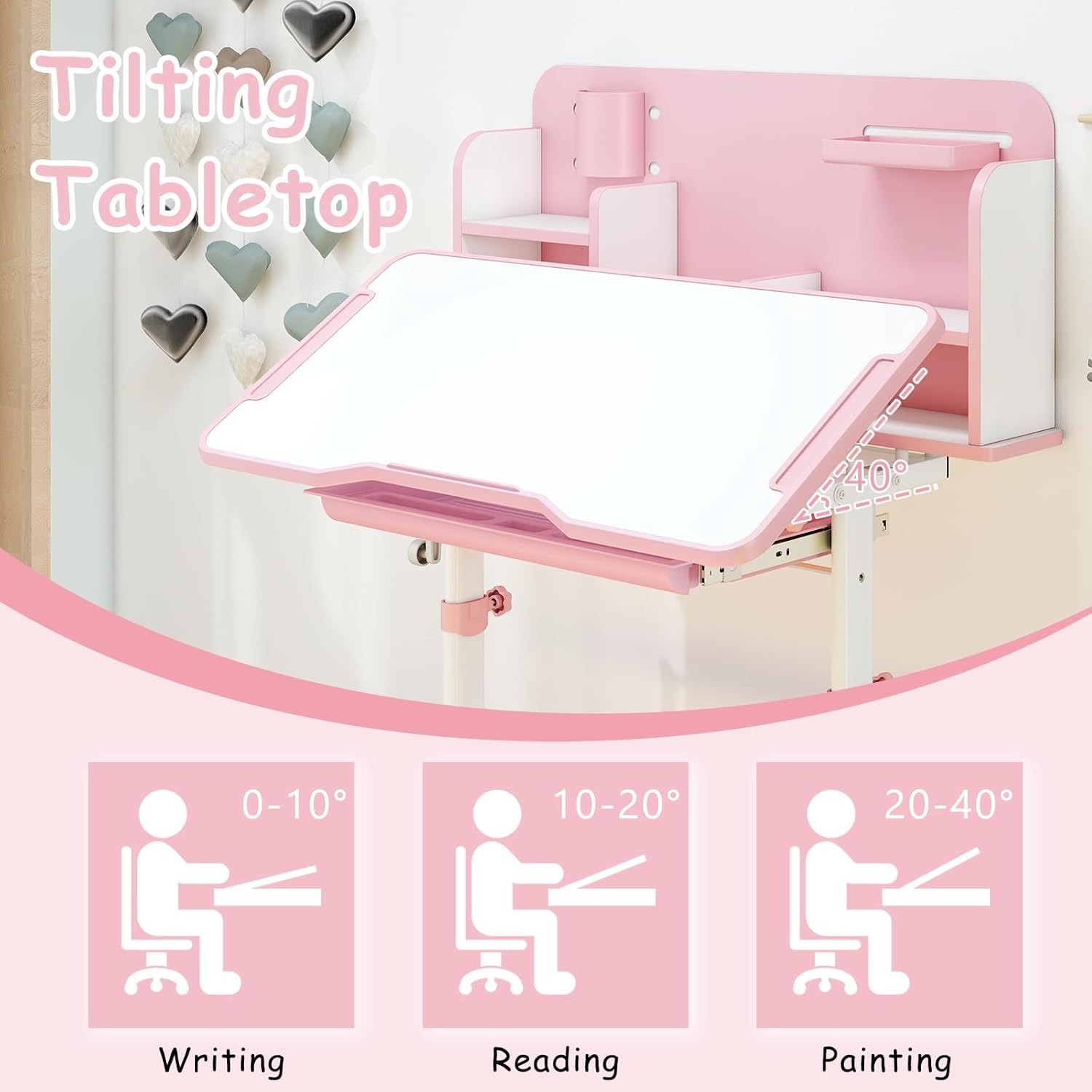 HONEY JOY Kids Desk and Chair Set, Height Adjustable Children School Study Table and Chair w/Tiltable Desktop, Bookshelf, Storage Drawer Hutch, Pen Holder, Student Writing Workstation(Pink)