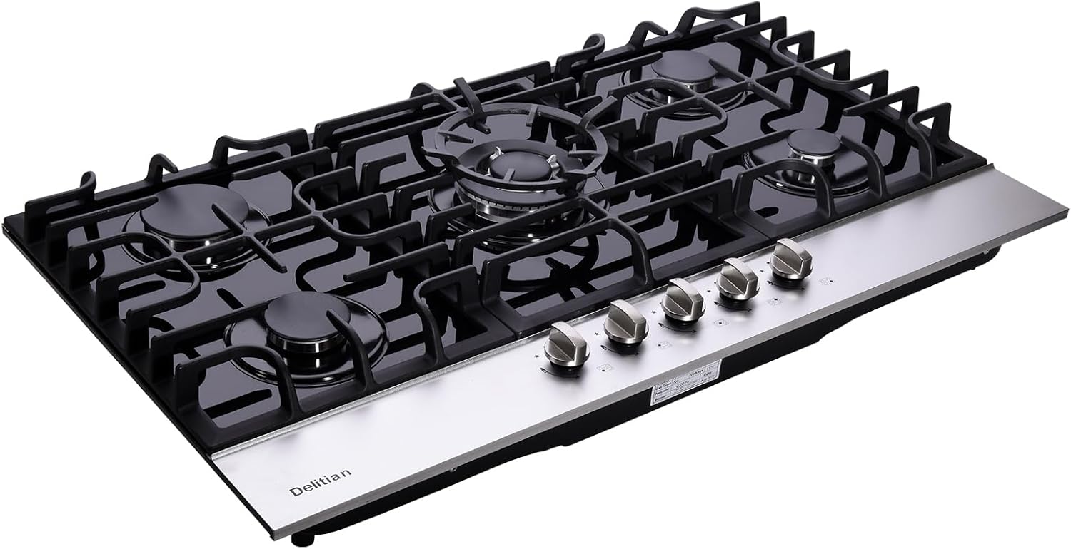 36 Inch Gas Cooktop DT5189A Tempered Glass Built-in Stovetop, 5 High Efficiency Burners LPG/NG Convertible Stove Top Dual Fuel Hob (Black)