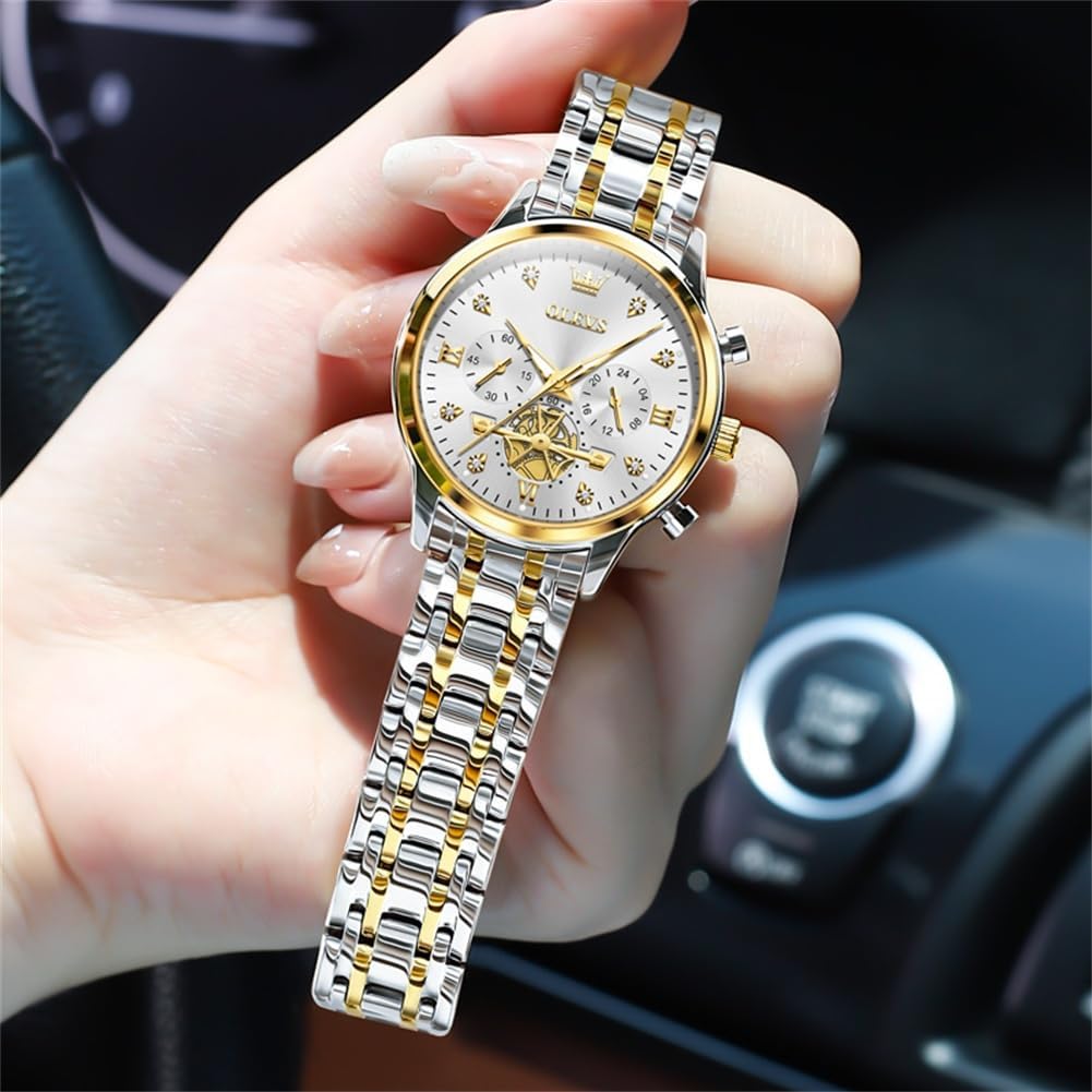 OLEVS Women Watch Multifunctional Two Tone Watch Fashion Business Analog Quartz Ladies Watch Stainless Steel Waterproof Diamond Watch for Women - Image 7