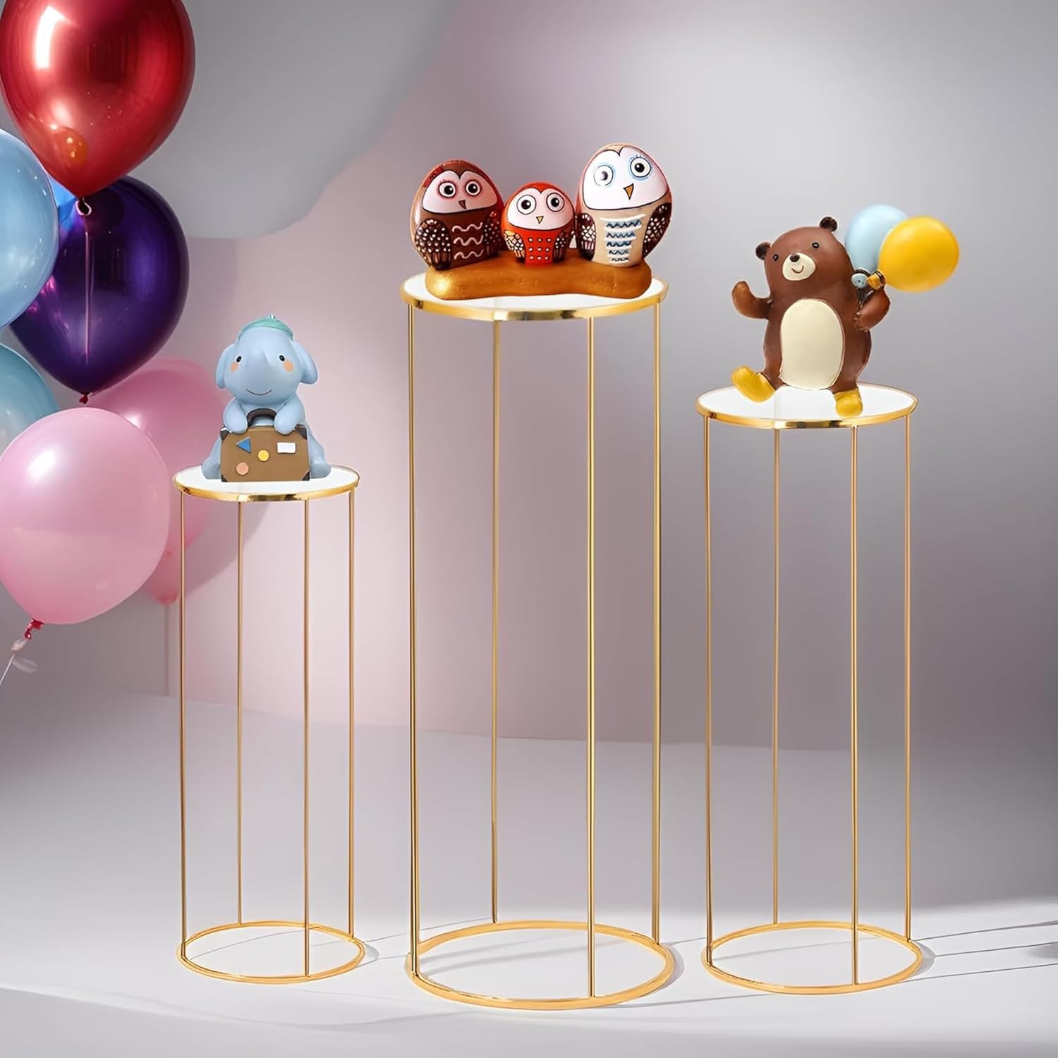 Lot de 3 supports cylindriques dorés pour fêtes, gâteaux ronds en métal, pour fête d'anniversaire, mariage, salon, terrasse