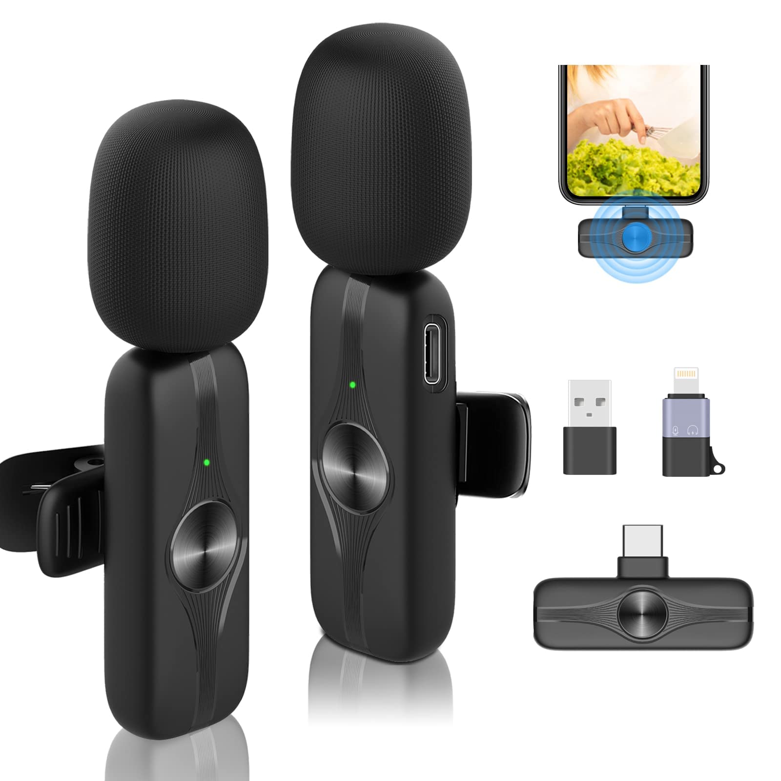 Wireless Lavalier Microphone, 2 Pack Plug-Play Wireless Mics for iPhone Android Laptop, 2.4G Ultra-Low Delay Built-In Noise Reduction Chip for Video Recording Tiktok Youtube Facebook Live Stream Vlog