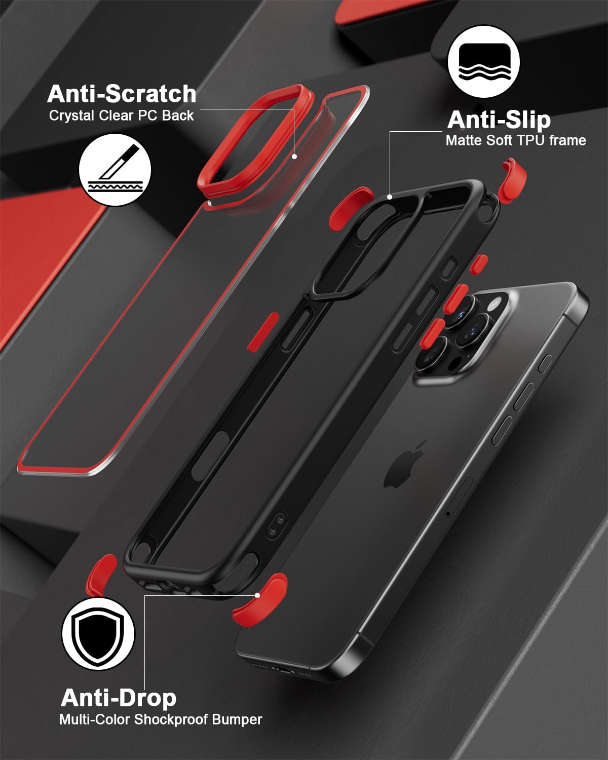 Mobnano Compatible with iPhone 16 Pro Max Case, with Multicolor Protective Shockproof Bumpers, Crystal Clear Back Not Yellowing Anti-Scratch Hard PC Back & Soft Silicone TPU Frame Cover - Black/Red - Image 6