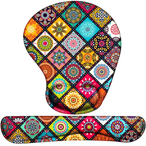 Mouse Pad with Wrist Support Ergonomic Gel, Keyboard Wrist Rest for Computer Keyboard with Raised Memory Foam for Desktop/Laptop/Notebook, Red Floral Colorful Mandala