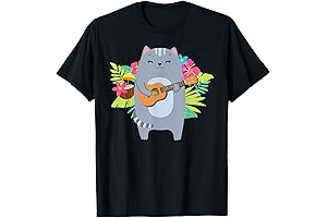Hawaiian Uke Cat Playing Ukulele Flower T-Shirt