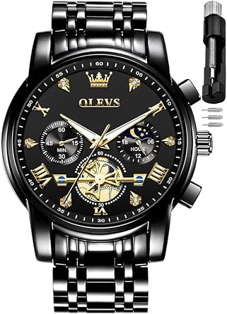 OLEVS Men's Quartz Moon Phase Chronograph Chronograph Stainless Steel Analog Wrist Watch with Multiple Calendars Waterproof