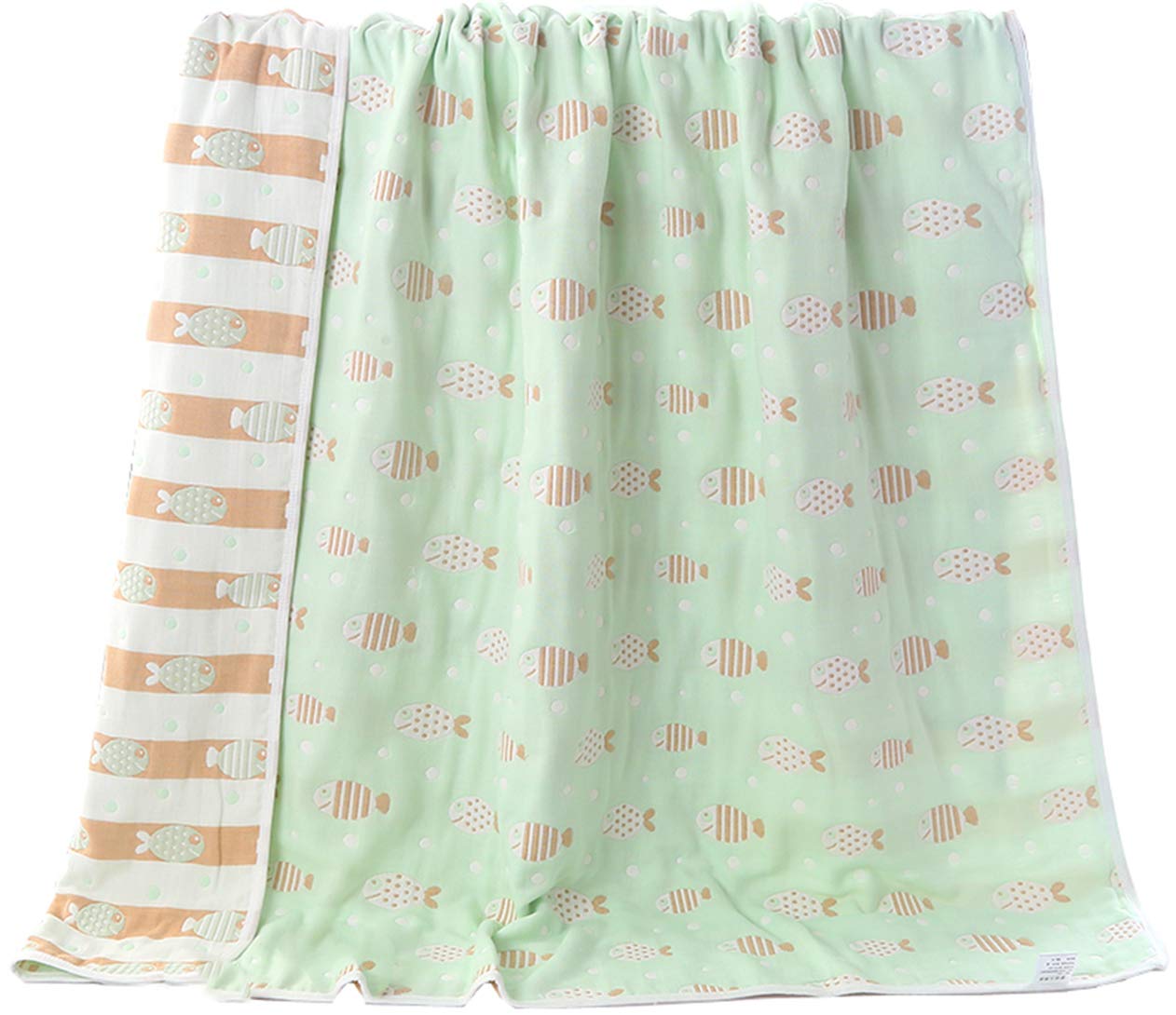 Hayisugar Soft Baby Blankets 6 Layer Muslin Cloth - 100% Cotton Kids Toddler Blanket Baby Swaddle Blanket for Boys & Girls, Green Fish, 120 x 150 cm