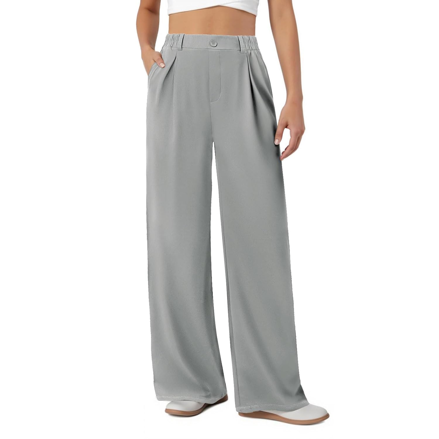 Womens Dress Pants Wide Leg Stretchy Work Pants with Pockets Elastic Waist Pleated Front Business Casual Slacks