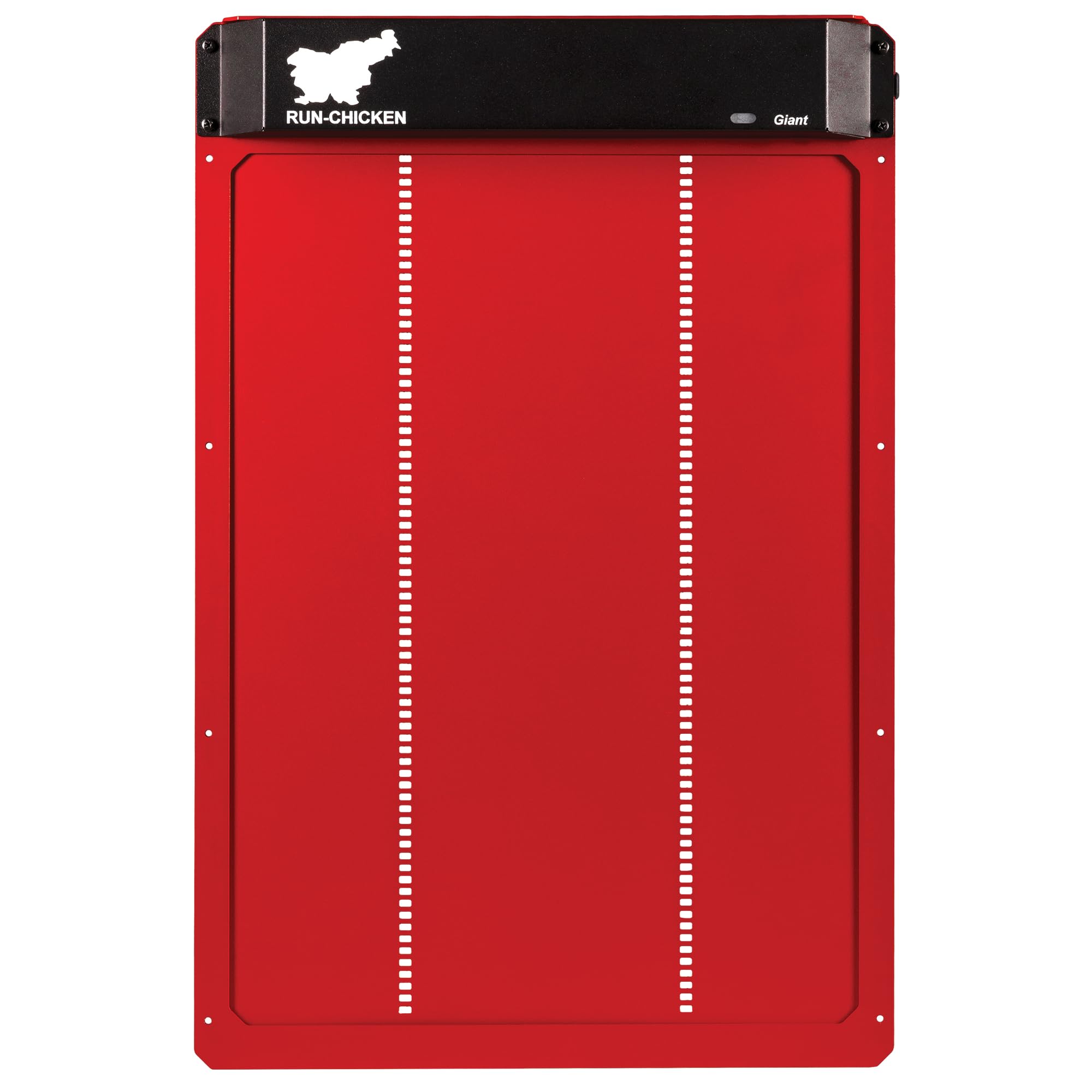 Run‑Chicken Door Giant Red – Puerta automática roja para gallineros Grandes, Funciona con Pilas AA, Control por App, Sensor de luz, Temporizador con retardo y Aluminio Resistente para Exteriores