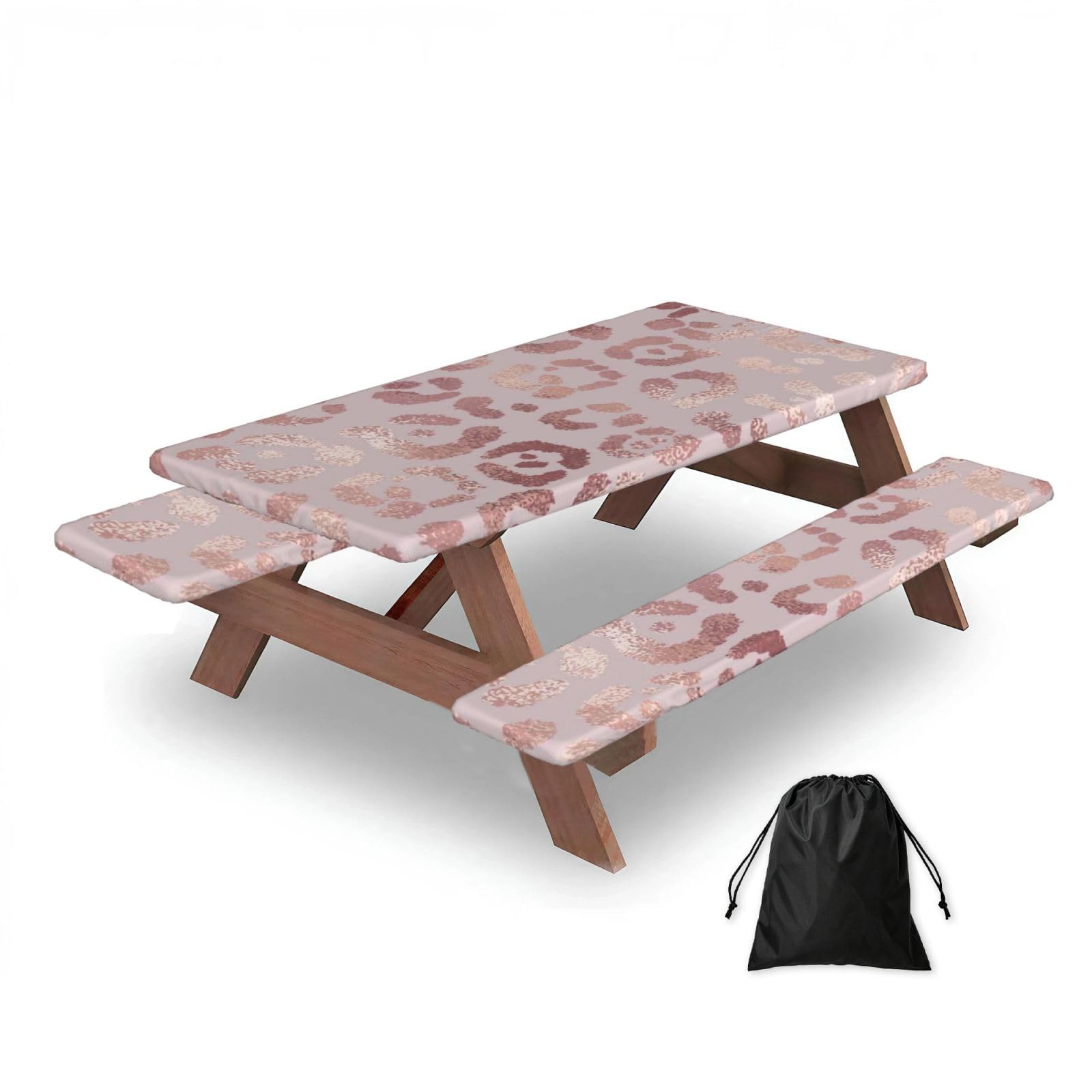 Leopard Print Cheetah Rose Gold, Picnic Table Cover With Bench Covers -Waterproof Elastic Fitted Tablecloth for Garden Camping Patio 76x152cm