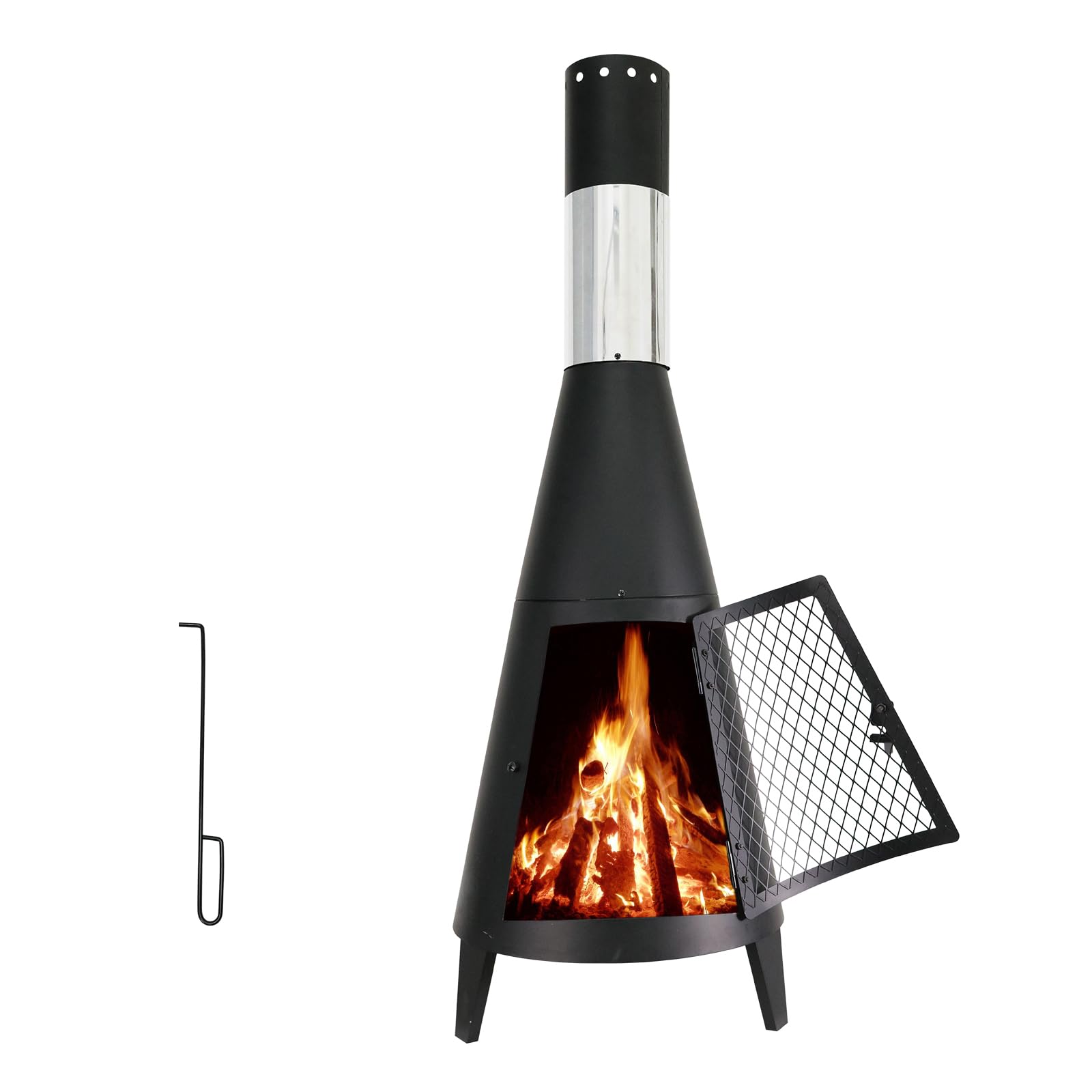 BDL Chiminea Outdoor Fireplace Outdoor Wood Burning Fire Pit Free Standing Fireplace with Log Grate, Mesh Screen for Patio, Backyard, Garden-Black