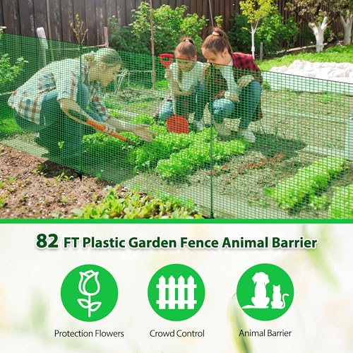 Image of Temporary Fence with Posts, 3'x82' Plastic Fencing Garden Fence Animals Barrier with Fiberglass Stake Windbreak Rope, Portable Snow Fences, Fencing for Dogs Outdoors Backyard (Green)