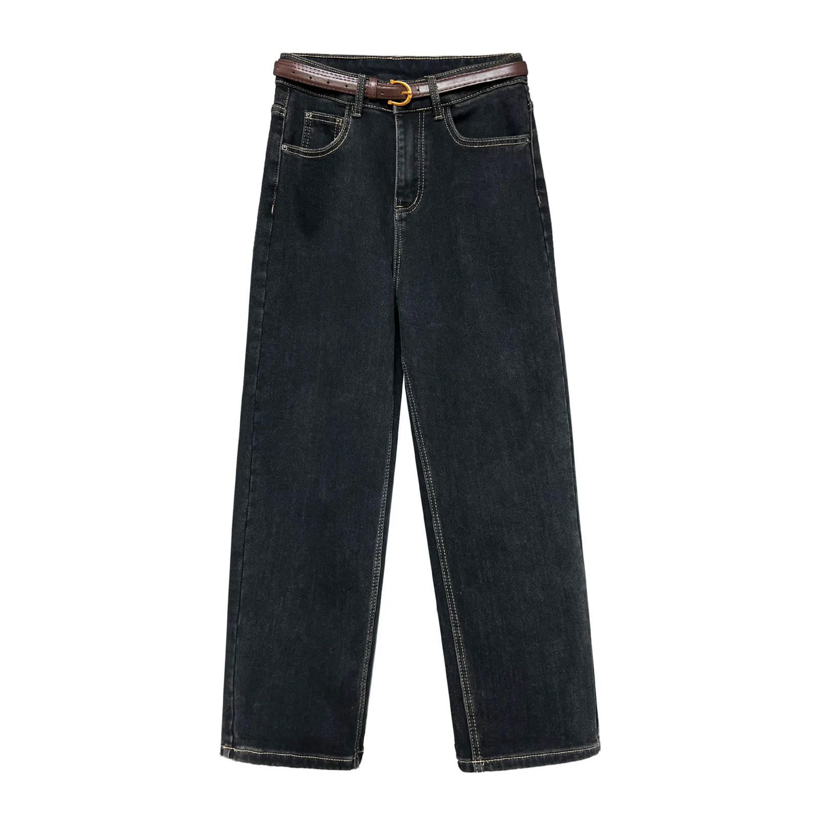 Pantaloni a Gamba Larga in Denim Autunno e Inverno Jeans Gamba Dritta Allineati in Vello da Donna per Le Donne Pantaloni di Denim con Vita Alta- Blu Nero-XL