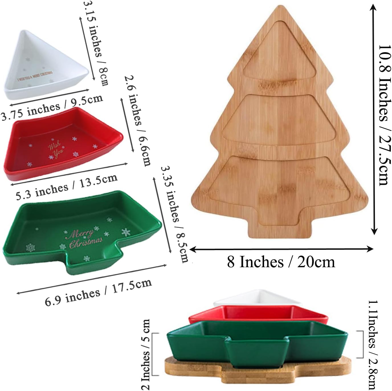 Colorful 10.8 Inches Snack Appetizer Trays Set, Christmas Tree Dessert Serving Dishes, Snack Platter, 3 pcs Removable Porcelain Plates with Bamboo Tree Tray