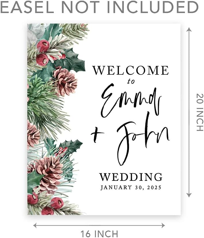 Andaz Press Custom Large Wedding Welcome Sign, 16" x 20" Winter Pinecones Personalized Canvas Welcome Sign, Sign Our Canvas Welcome Sign for Christmas Wedding Ceremony Reception Guestbook Alternative