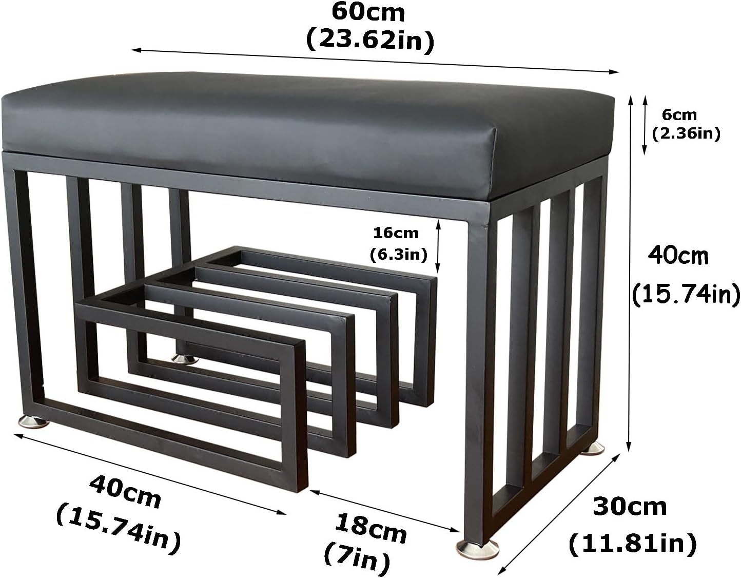 Shoe Bench with Storage and PU Leather Seat 2 Tier Metal Frame Shoe Rack Organizer for Hallway Front Door Entrance Living Room Black Upholstered (60cmx30cmx40cm)