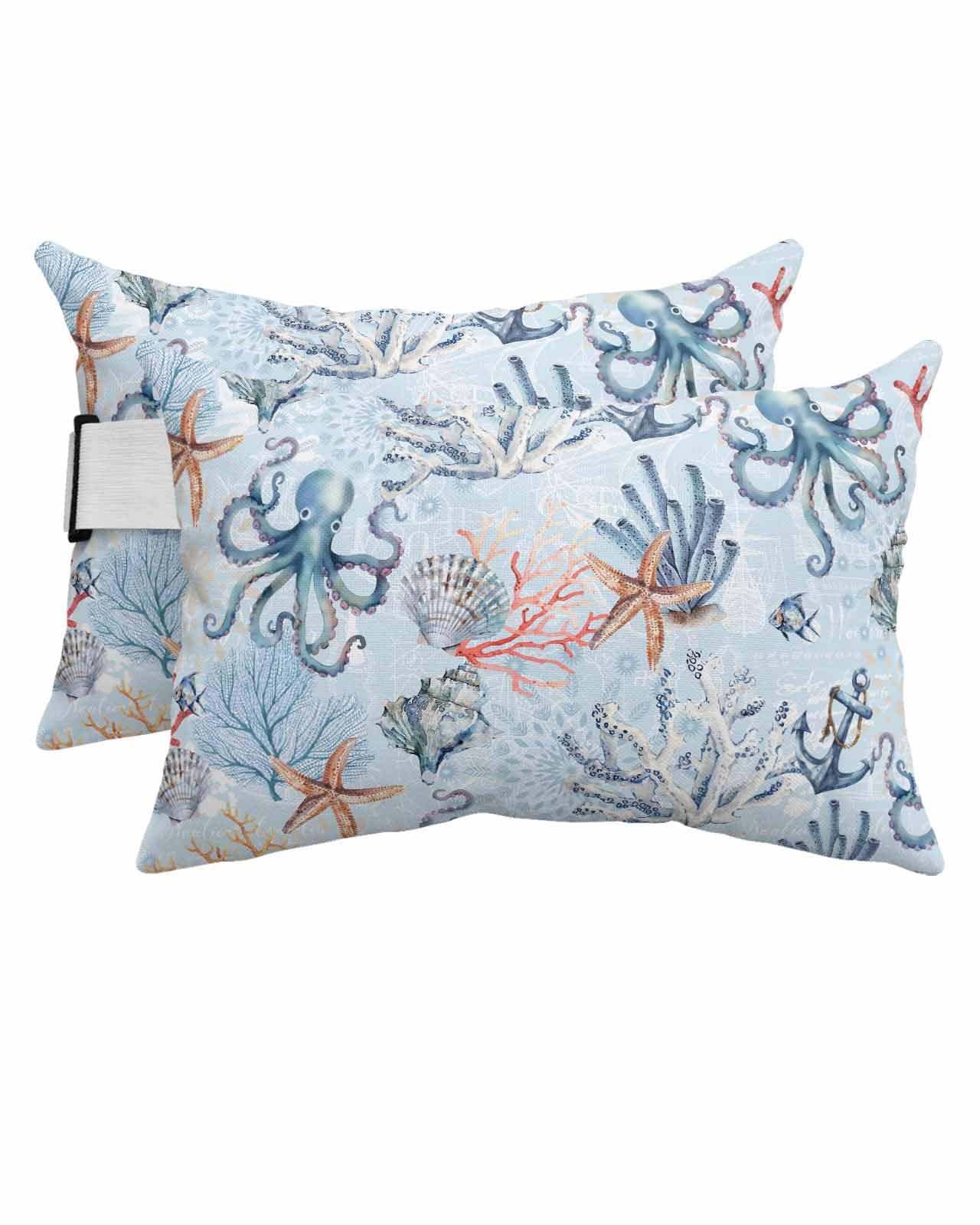 Anzona Pack of 4 Summer Beach Coastal Lumbar Pillow Covers, Outdoor Waterproof Throw Pillow Covers Set, Nautical Octopus Coral Starfish Decorative Cushion Case for Patio Beach, 11x16 Inch