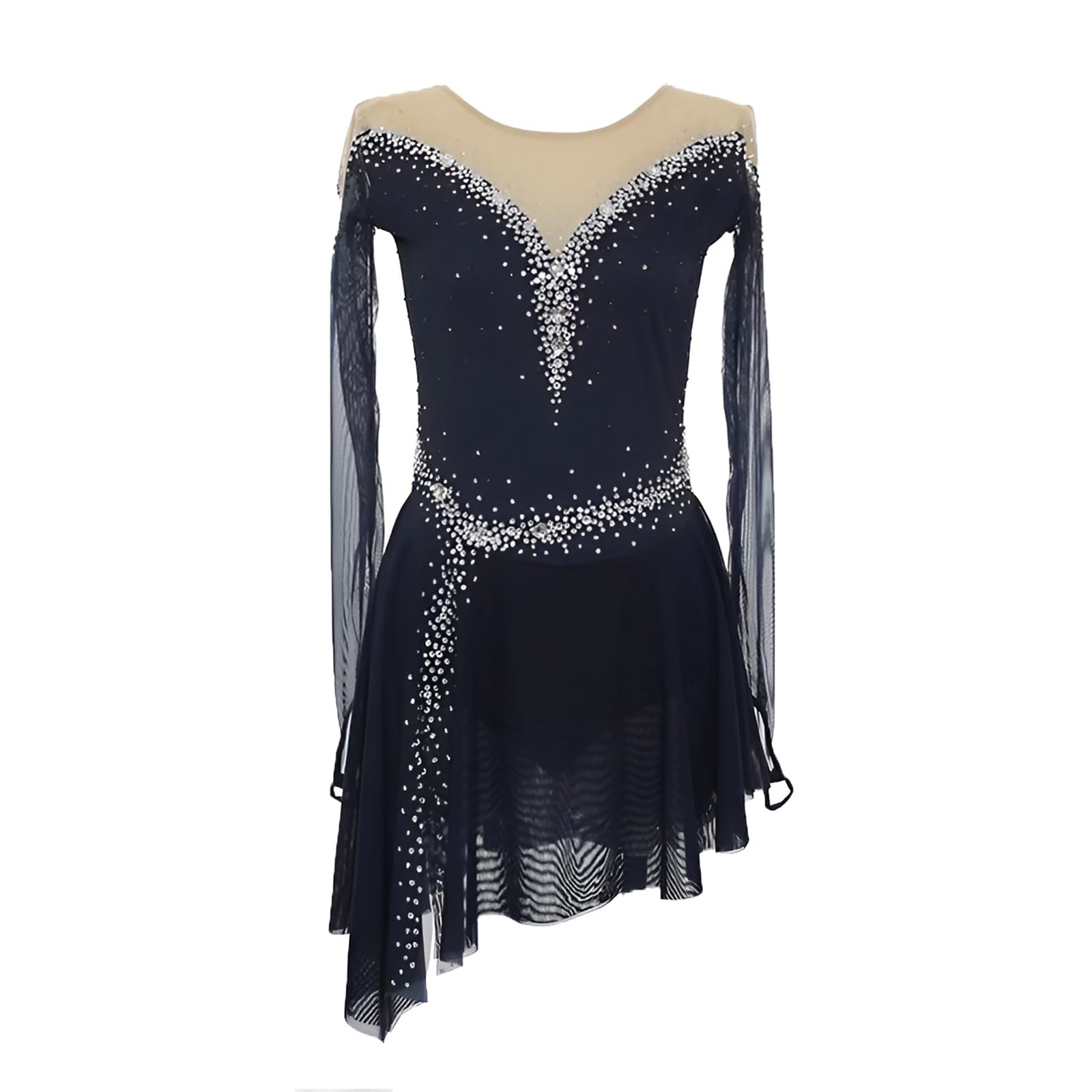 Costume Da Pattinaggio Di Figura Con Maniche Lunghe In Rete, Strass, Prestazioni Da Competizione, Costume Da Pattinaggio Su Ghiaccio For Donna