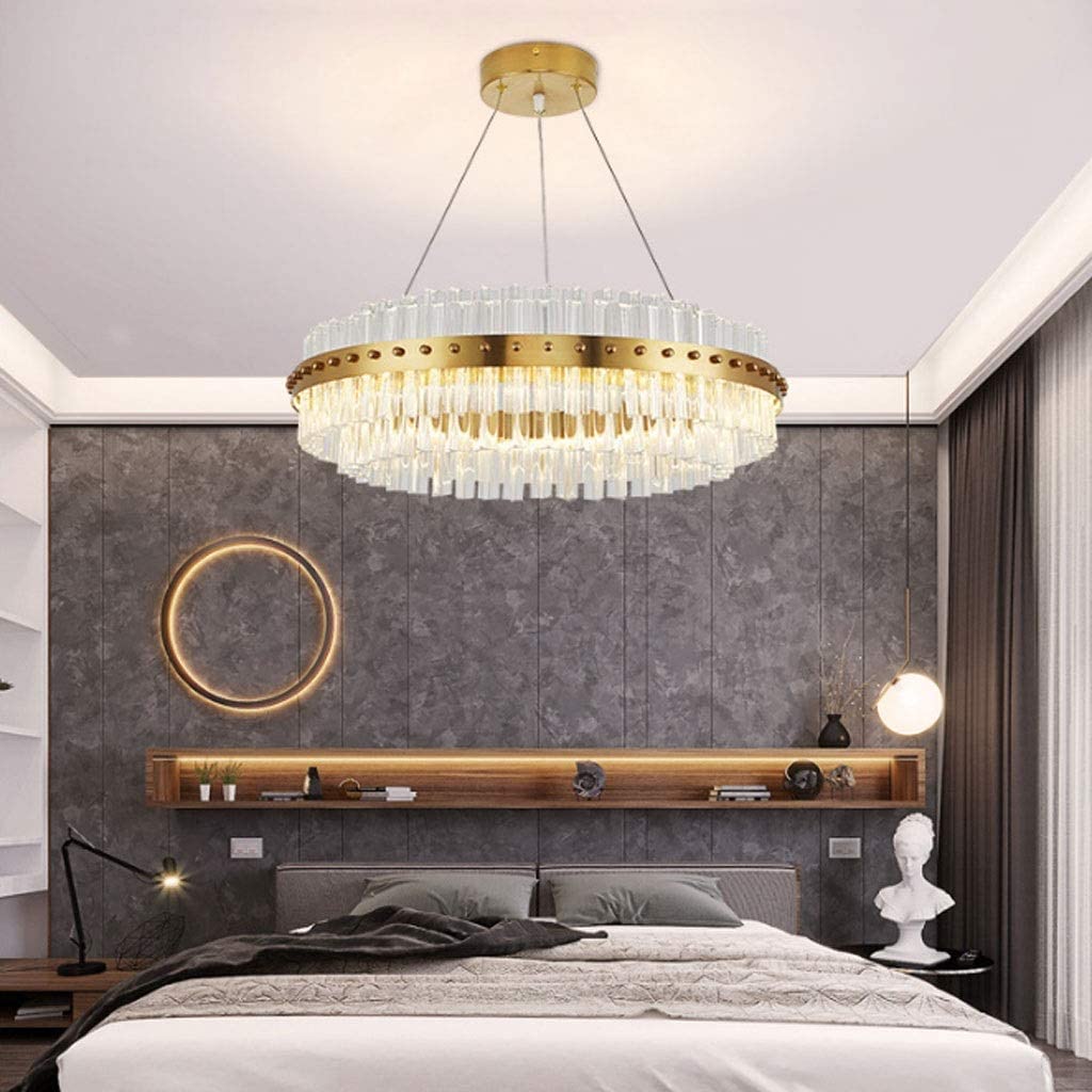 Lampa wisząca LED kristallen kroonluchter, dimbare moderne minimalistische ronde lampenkap hanglamp lijn lengte 1,2 m verstelbaar, woondecoratie, goud Jasny