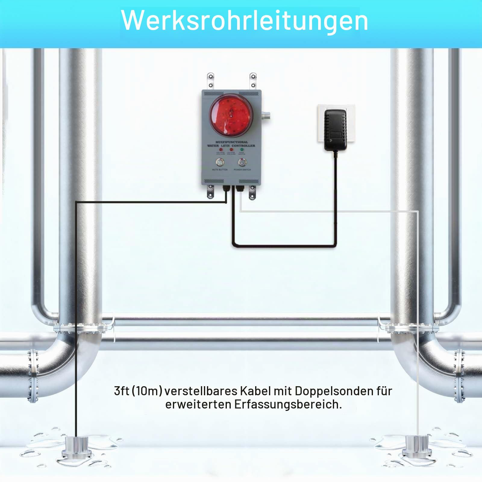 Professioneller Wasseralarm, Leckwächter mit zwei Sensoren, 120 dB einstellbarer akustisch/visueller Alarm, 10 m Kabel, Vollmetall Industriequalität für Sumpfpumpen/Keller/Klärgruben/Fabrik/Lagerhalle