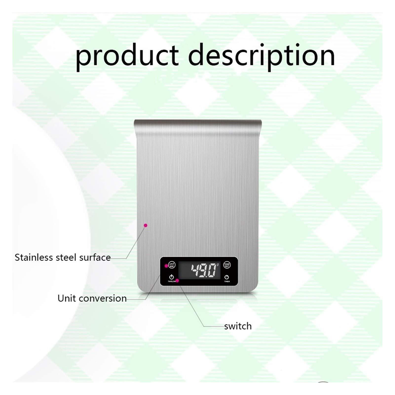 Báscula de Cocina Digital multifunción de Acero Inoxidable, Plataforma Grande y Pantalla retroiluminada, 1 g-5 kg/11 LB/Plata