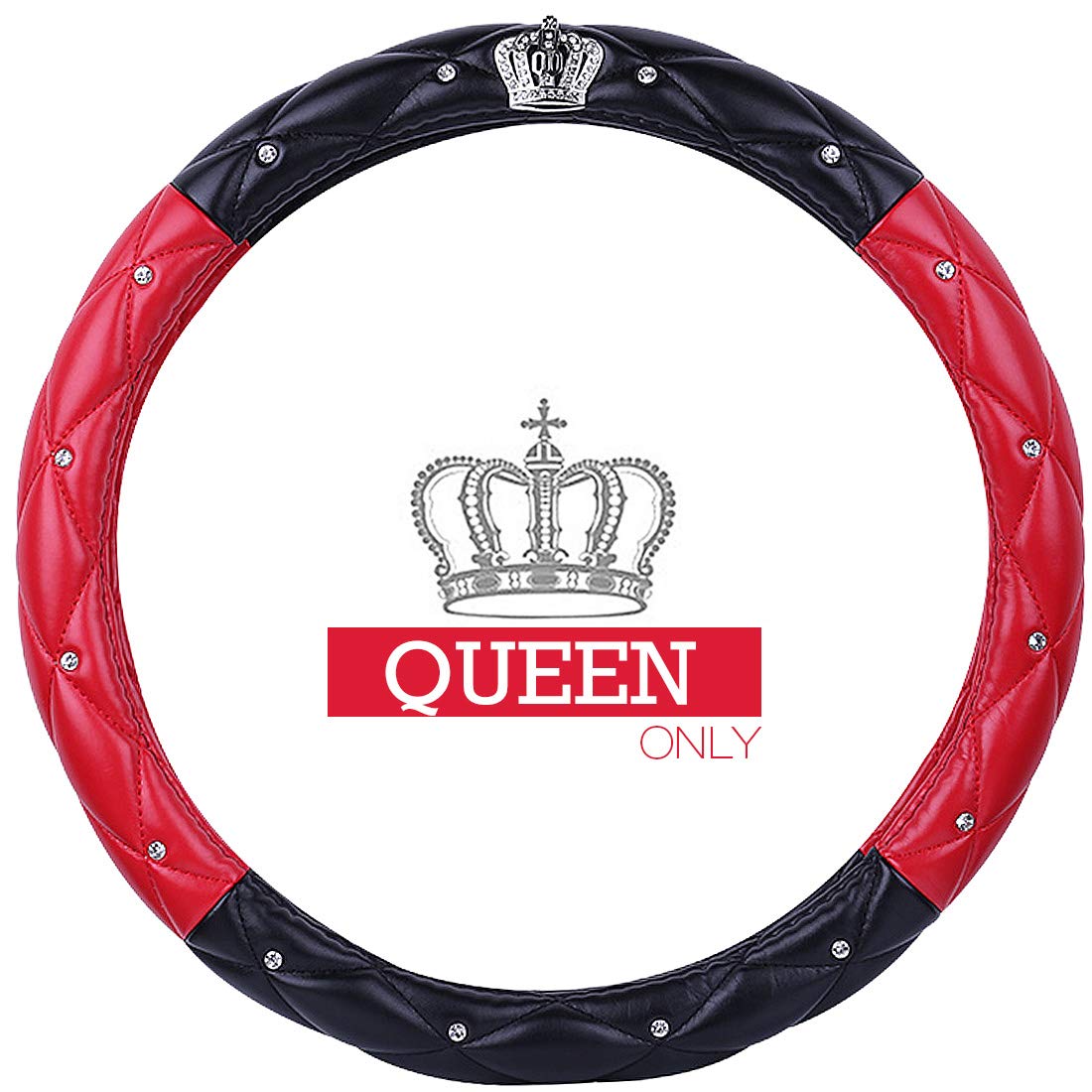 Queen's Auto Steering Wheel Cover with Noble Crown + Bling Diamond + Soft Leather Car Stylish Series Universal 15"/38cm (Queen ONLY) (Red & Black)