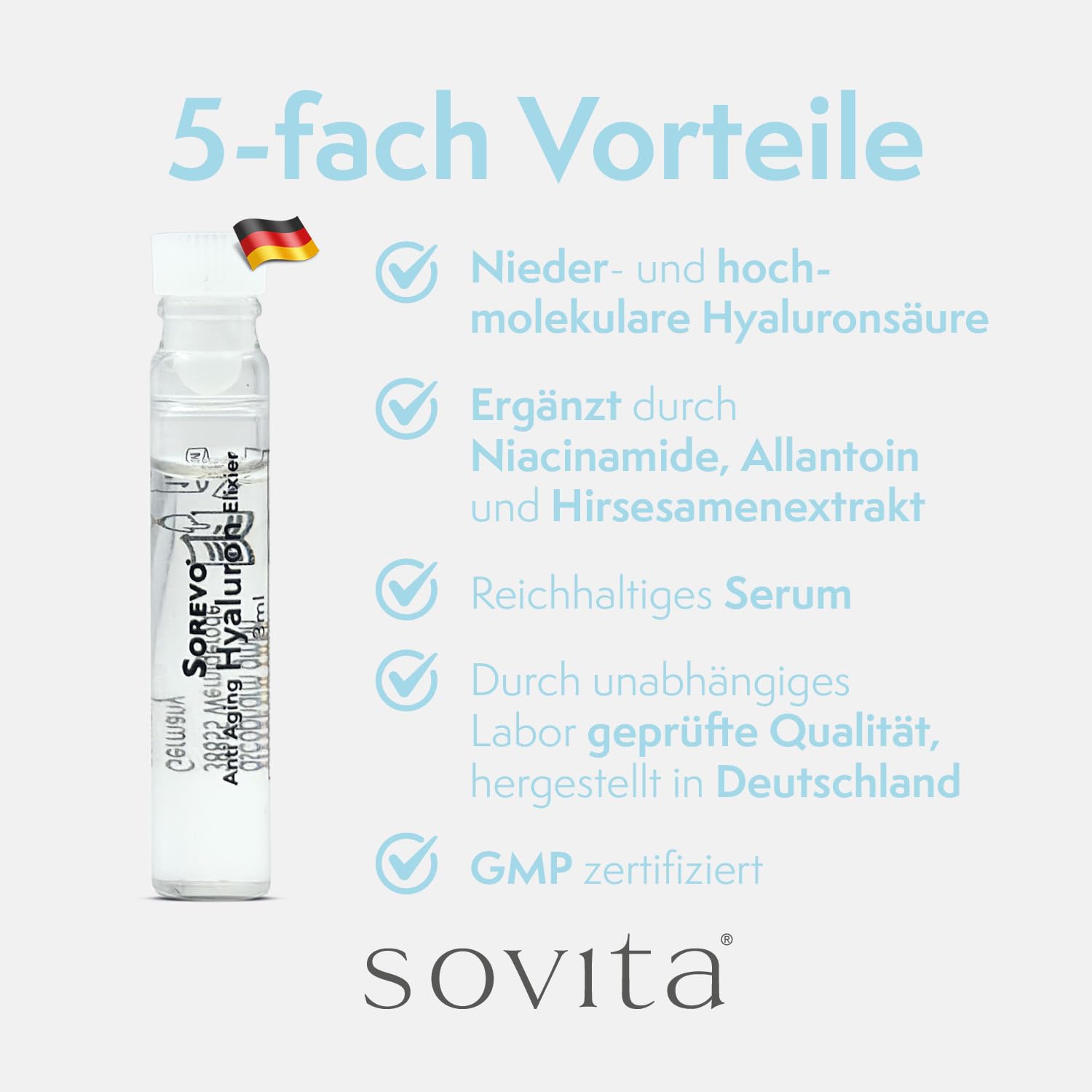 sovita Hyaluron Elixier mit Niacinamid gegen Falten | intensive Feuchtigkeitspflege mit Hyaluronsäure für straffe Haut | Anti-Aging Ampullen | 30 x 3 ml