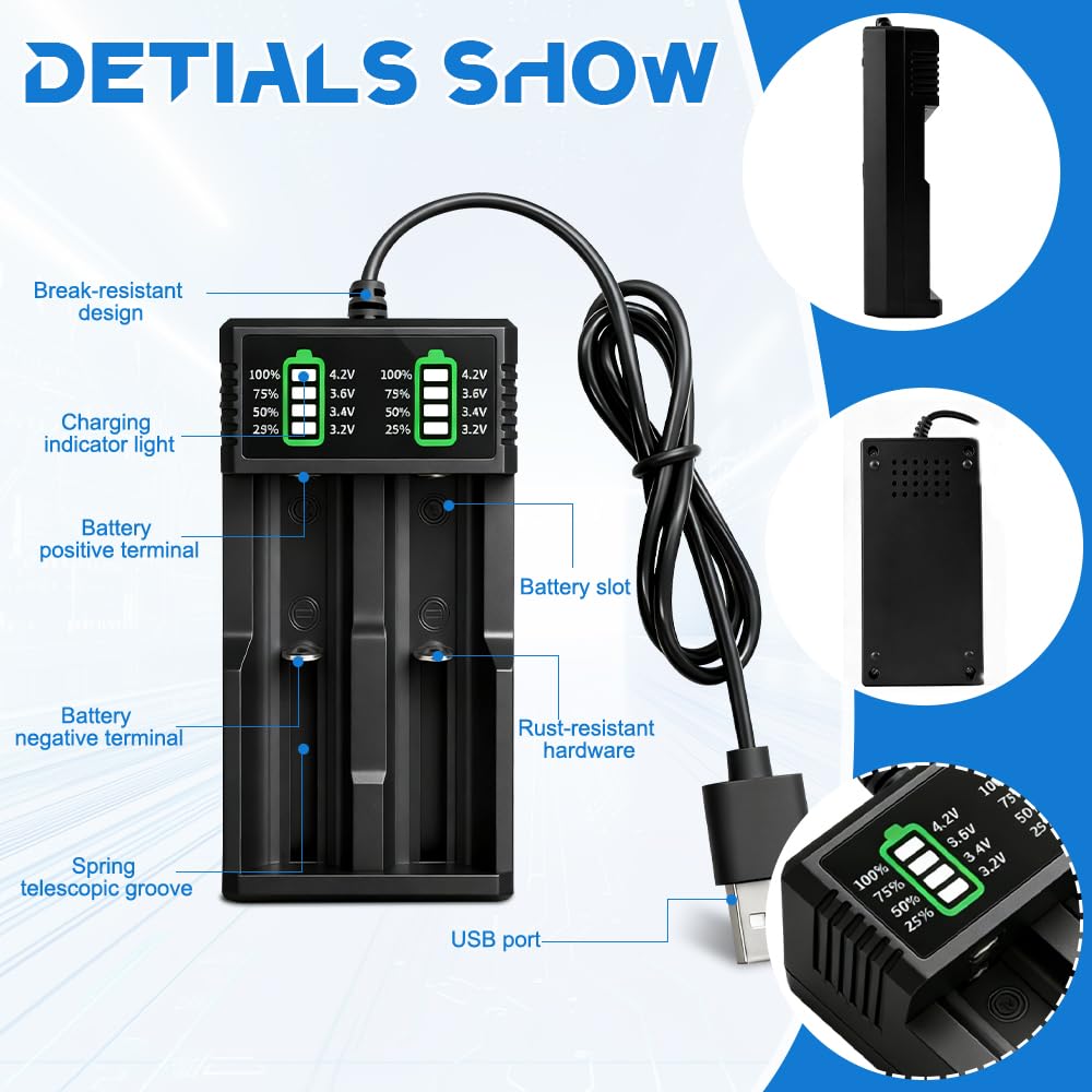 18650 Battery Charger Set with 2 Pack 3.7V 2200mAh Pointed Batteries, Pengrity 18650 Rechargeable Battery, USB 2 Slot Charger with LCD Display Smart, for 26650 21700 14500 18650 — view 7