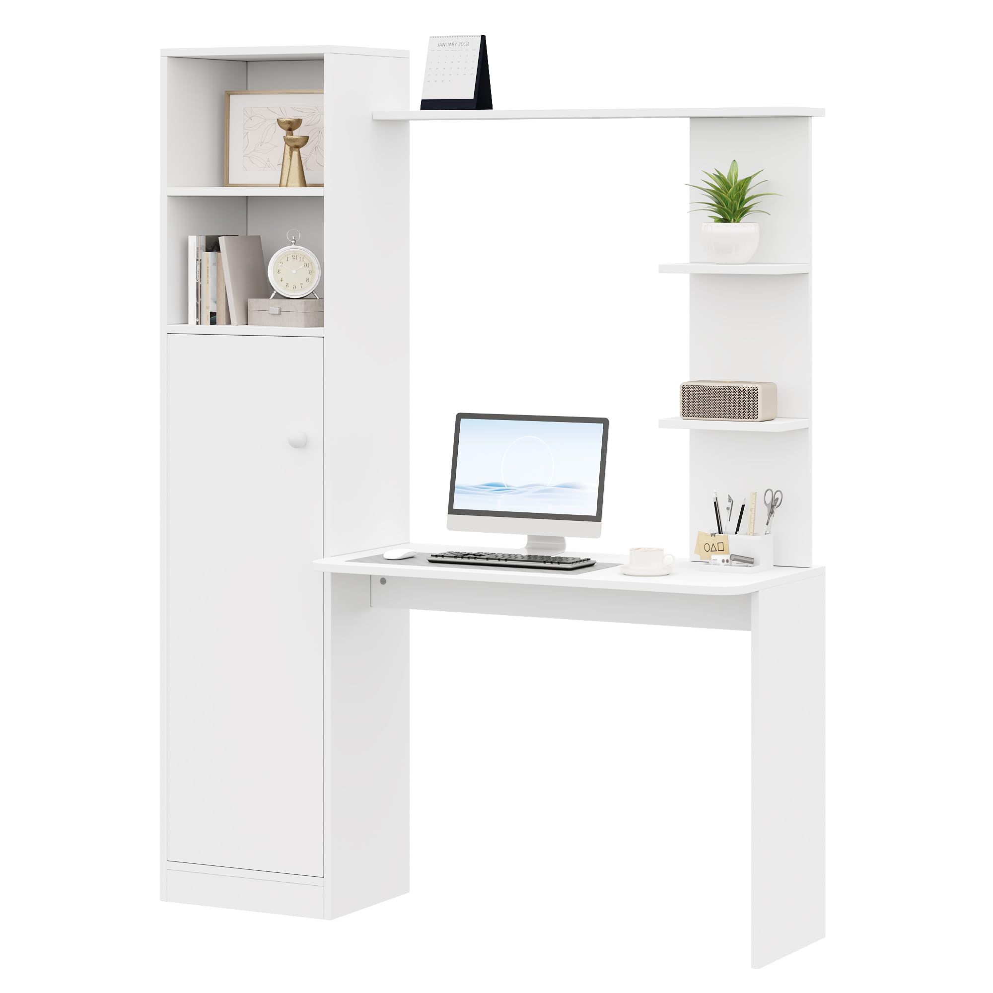 BTM Schreibtisch mit Schrank und Aufsatzregal, Modernes Bürotisch Schreibtisch mit Stauraum und Regal Weiß