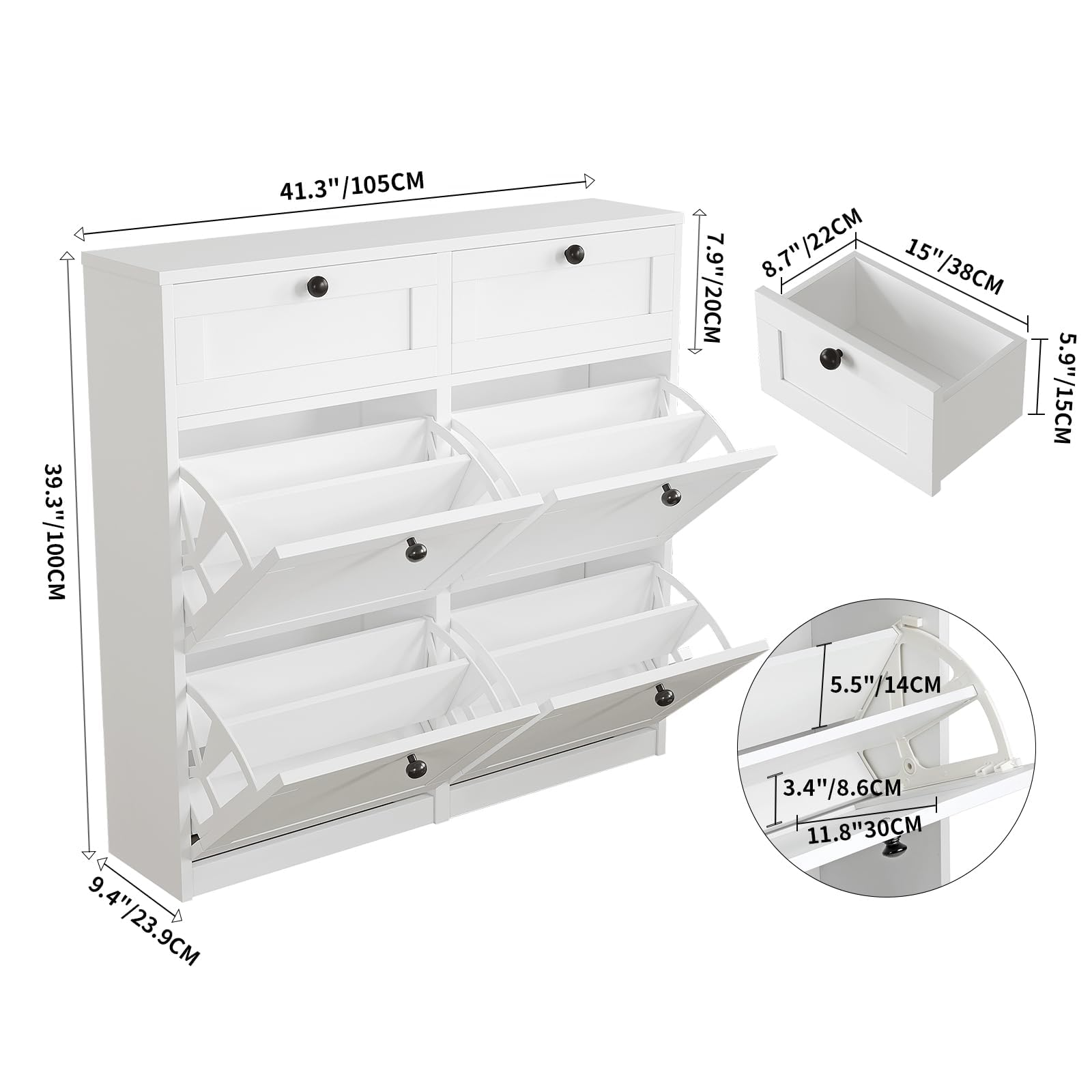 VOWNER Zapatero Estrecho, Zapatero 4 Puertas, Entrada Recibidor, 105 x 24 x 100 cm (Largo x Ancho x Alto), Blanco, para Entrada Estrecha, Pasillo