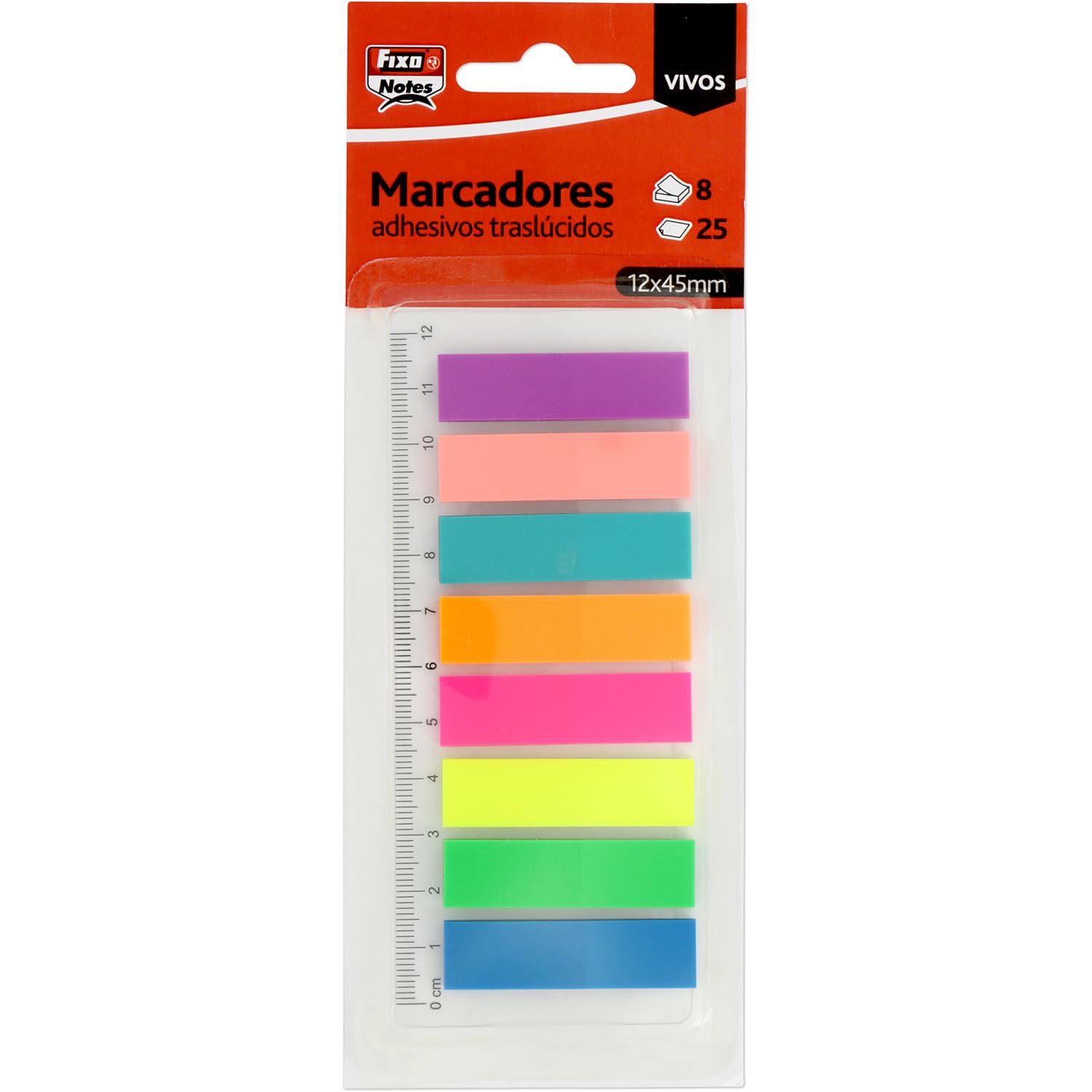 Fixo Notes | 200 Marcadores Adhesivos Colores Surtidos con Regla 12cm | PET Tráslucido | Tamaño 12x45mm | Puedes Escribir con Lápiz y Boli | Resistentes al Agua | Perfecto Material Escolar