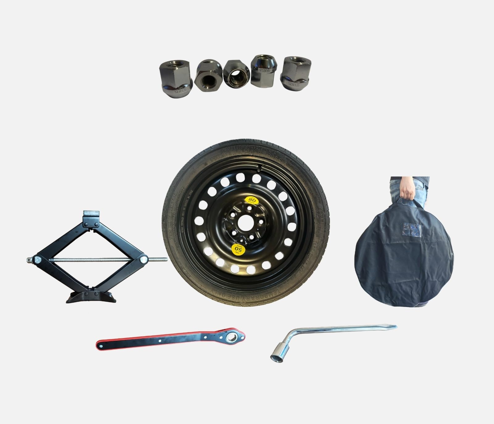 Kit rueda de repuesto 17" compatible con Toyota C-HR con gata, llave, tornillo, guantes y funda 125/70R17