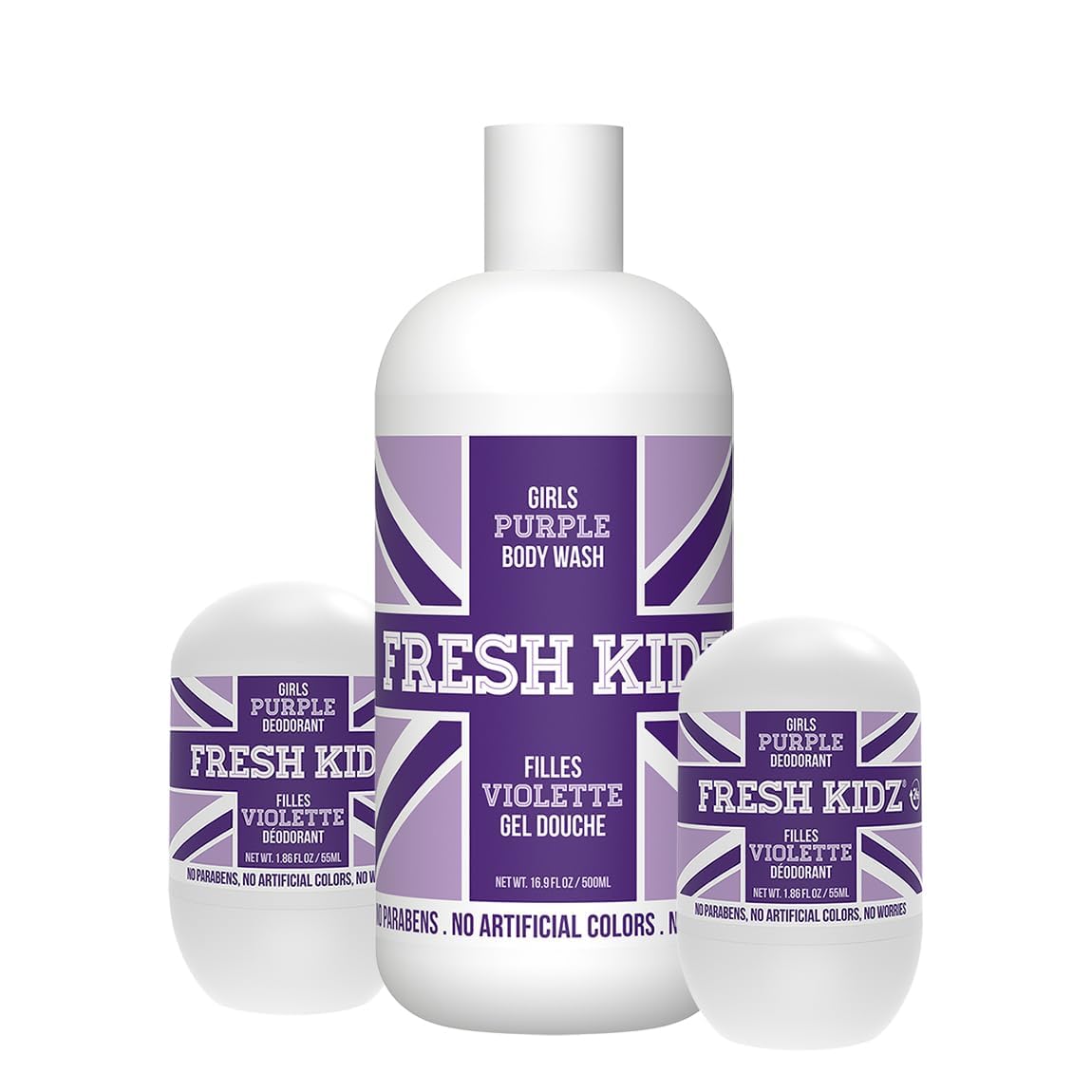 Body Wash 16.9 fl.oz. and 2 Roll-On Deodorants 1.86 fl.oz. for Kids and Teens - Girls Purple Set