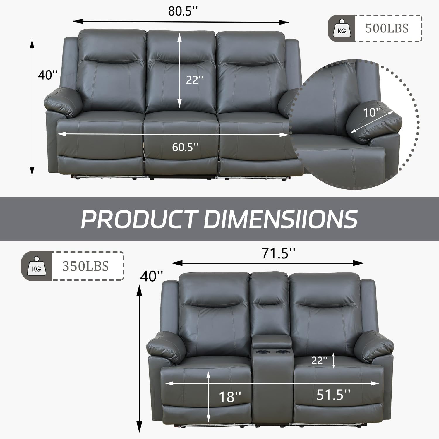 Breathable Leather Power Recliner Sofa Set, Reclining Sofa and Couch Set with LED/USB Port/Cup Holder,2 Pieces Living Room Set with Reclining Couch and Loveseat (Dark Grey)