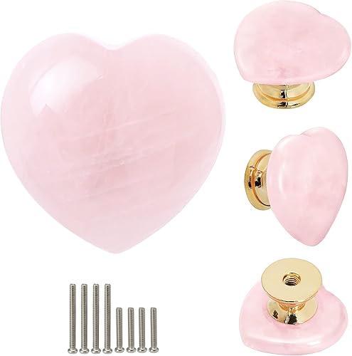 Malimali 4 pomos de cuarzo rosa para gabinete, tiradores y pomos de cristal rosa para cajones de tocador para niñas, bonitos pomos dorados para