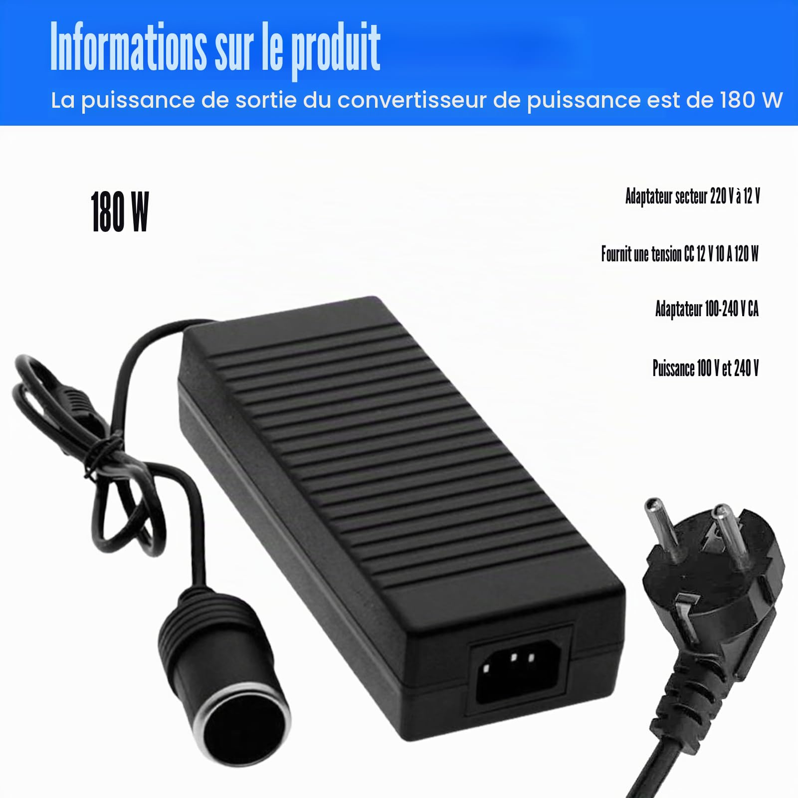 Convertisseur de tension 220 V vers 12 V : 180 W/15 A Adaptateur secteur pour voiture, onduleur, ventilateur intégré avec adaptateur prise allume-cigare, pour glacière, réfrigérateur de voiture (180