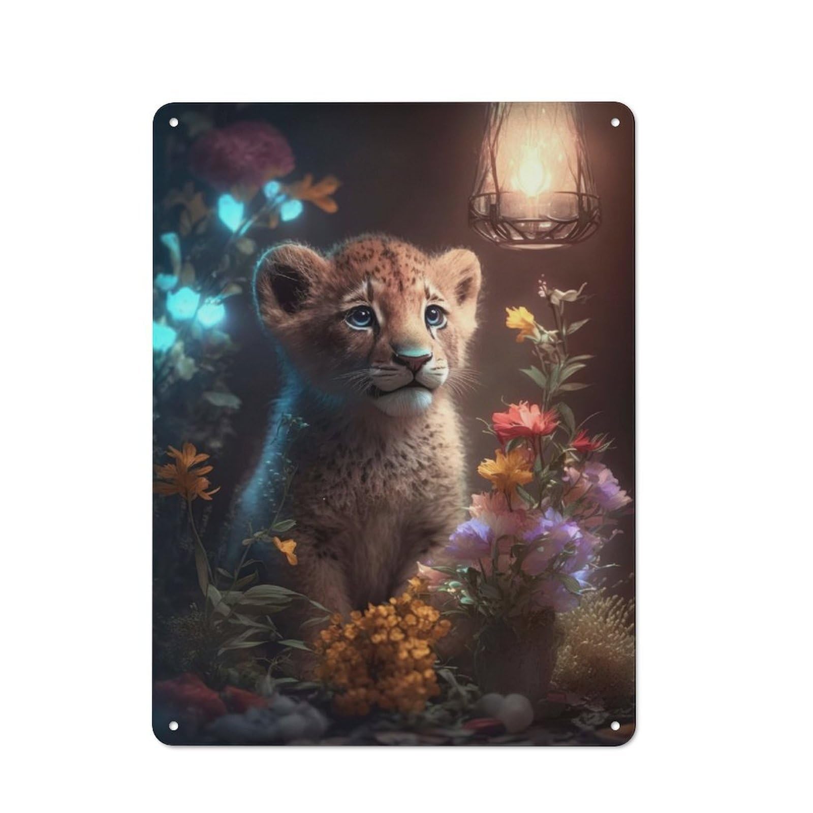 Junmoney Fantasy Lion Cub Glow Rustic Metal Wall Sign 40X30cm For Café Or Restaurant, Gift Idea At Christmas For Café Owners And Decorators
