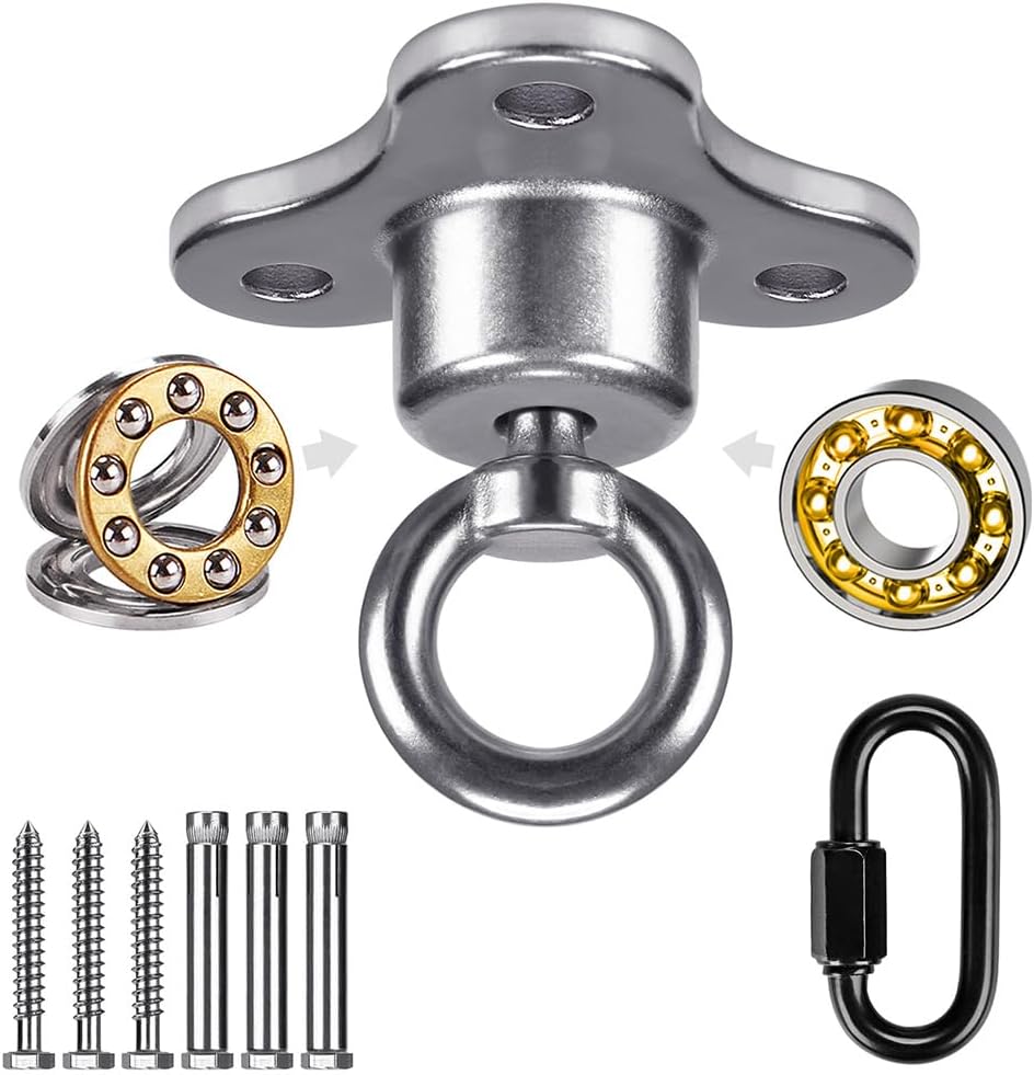 Dolibest Bearing Swing Hanger with Carabiner, 360 Swivel Swing Hanger, Heavy Duty Hammock Hanging Kit for Tire Kit Playground Hanging Hammock Chair, Yoga, 3 Screws, 900 LB Capacity