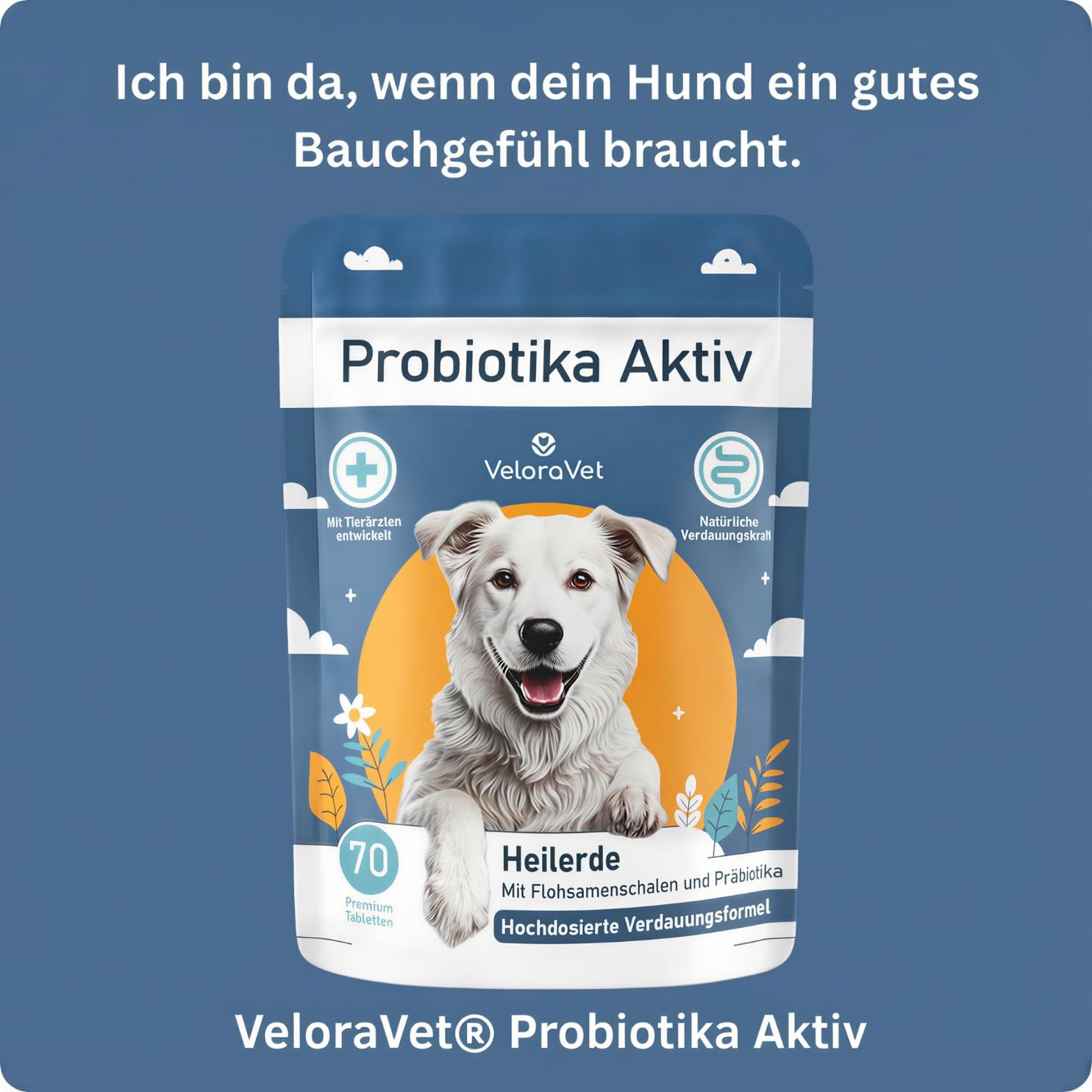 Probiotika Hund – Magen Darmsanierung & Darmkur für Hunde-Darmflora, Präbiotika, Flohsamenschalen & Heilerde, Tierärztlich empfohlen bei Durchfall, Sodbrennen – 70 Probiotika Tabletten